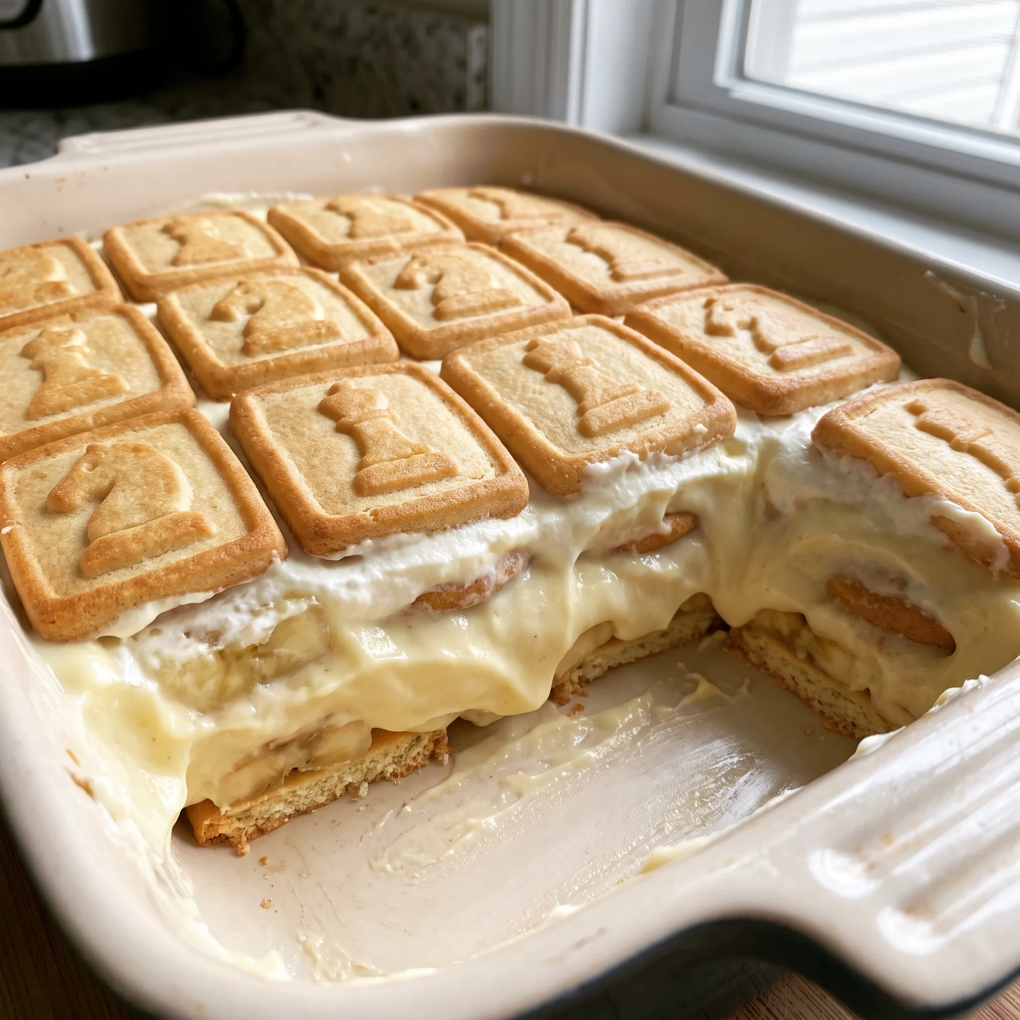 Banana pudding with vanilla wafers, layered with creamy pudding and whipped topping, garnished with banana slices.