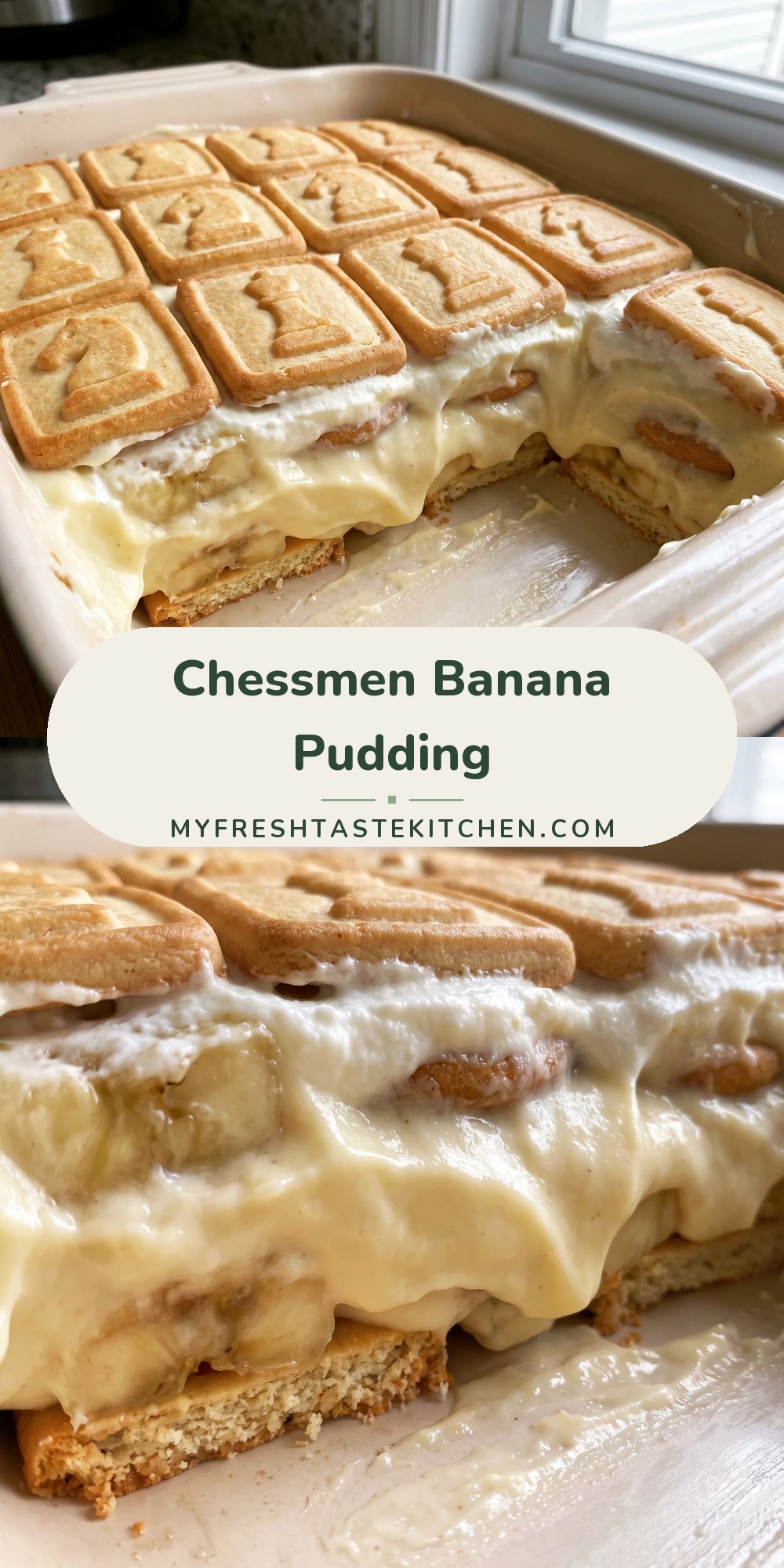 Layered banana pudding with vanilla wafers, creamy pudding, and sliced bananas, topped with whipped cream.