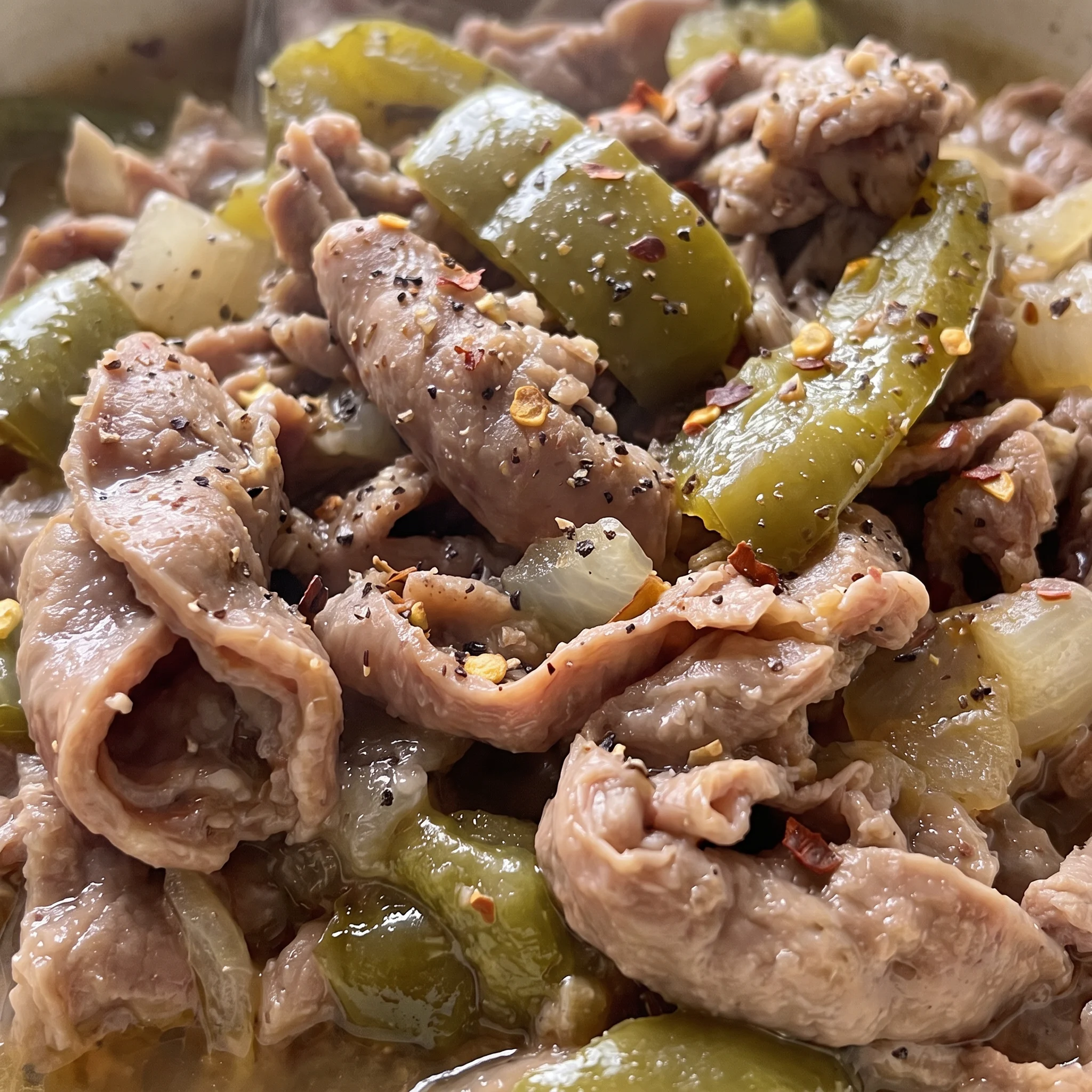 Tender chitterlings glistening with sauce, mixed with soft onion and bell pepper pieces, red pepper flakes visible.