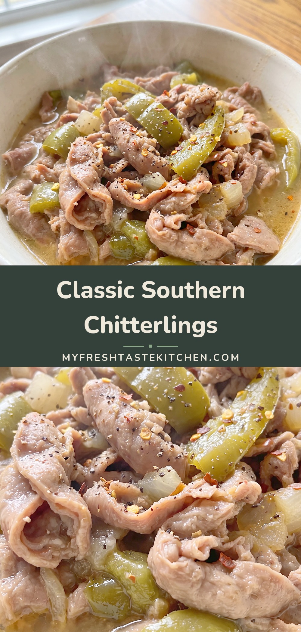 Cooked chitterlings with chopped onion, bell pepper, garlic, and red pepper flakes in a rich broth.