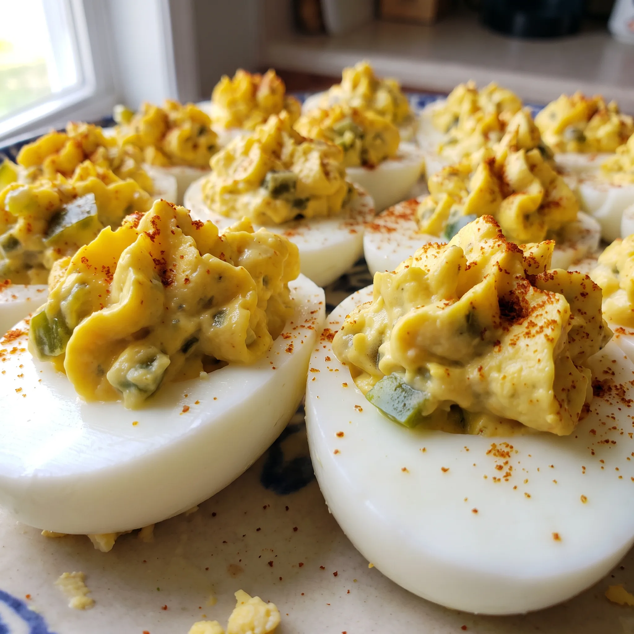 Creamy egg yolk filling speckled with sweet relish, crowned with a jalapeño ring and red smoked paprika.