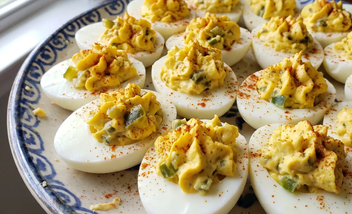 Deviled eggs topped with jalapeño slices, sweet relish, and smoked paprika on a bed of egg halves.