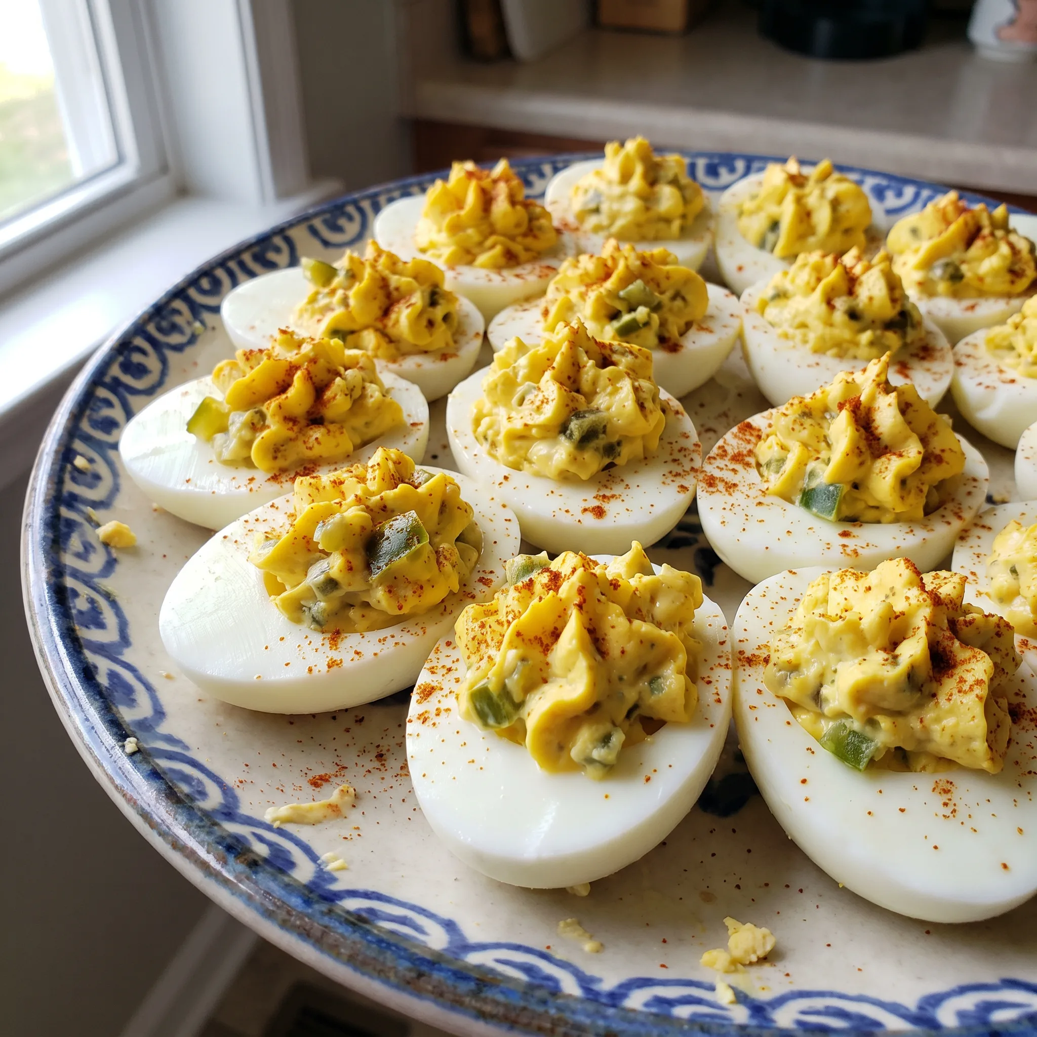 Deviled eggs topped with jalapeño slices, sweet relish, and smoked paprika on a bed of egg halves.