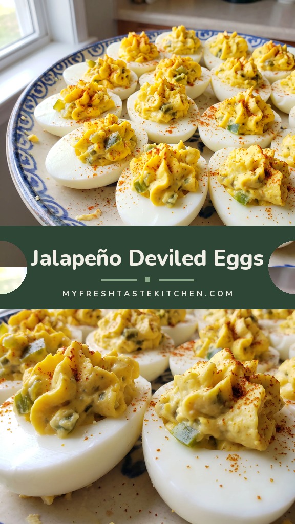 Halved hard-boiled eggs filled with creamy yellow yolk mixture dotted with green jalapeños and relish, dusted with red smoked paprika.