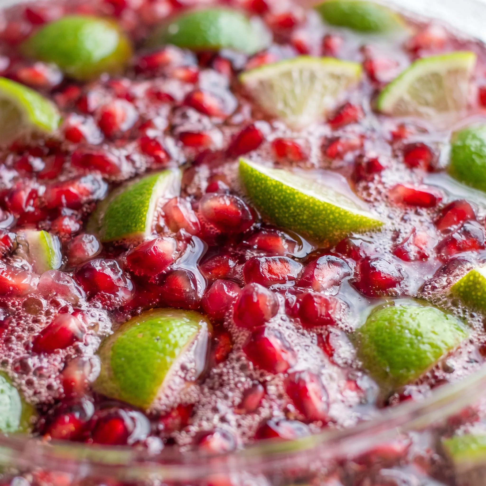 Pomegranate arils and a lime wedge in ruby-red punch with bubbles rising from the lemon-lime soda.