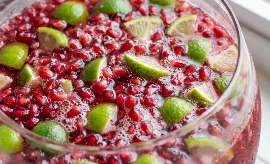 Sparkling pomegranate punch in a glass, with deep red juice, fizzy lemon-lime soda, pomegranate arils, and a lime wedge.