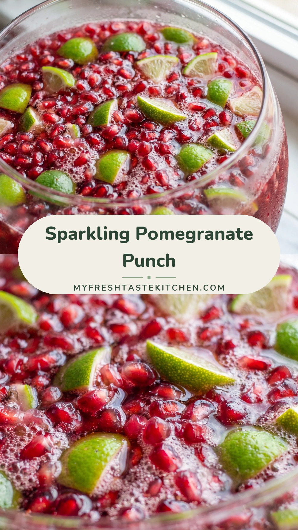 Sparkling pomegranate punch in glasses with pomegranate arils and lime wedges, garnished with grenadine and lime juice.