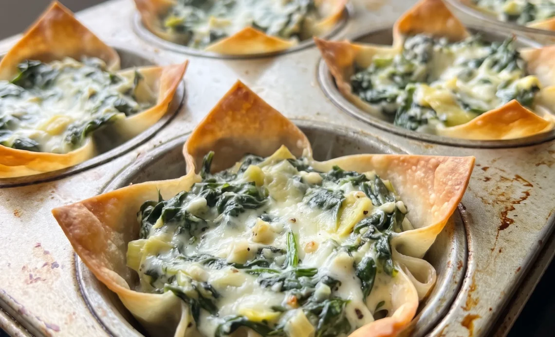 Wonton cups filled with creamy spinach and artichoke mixture, topped with melted Parmesan cheese.