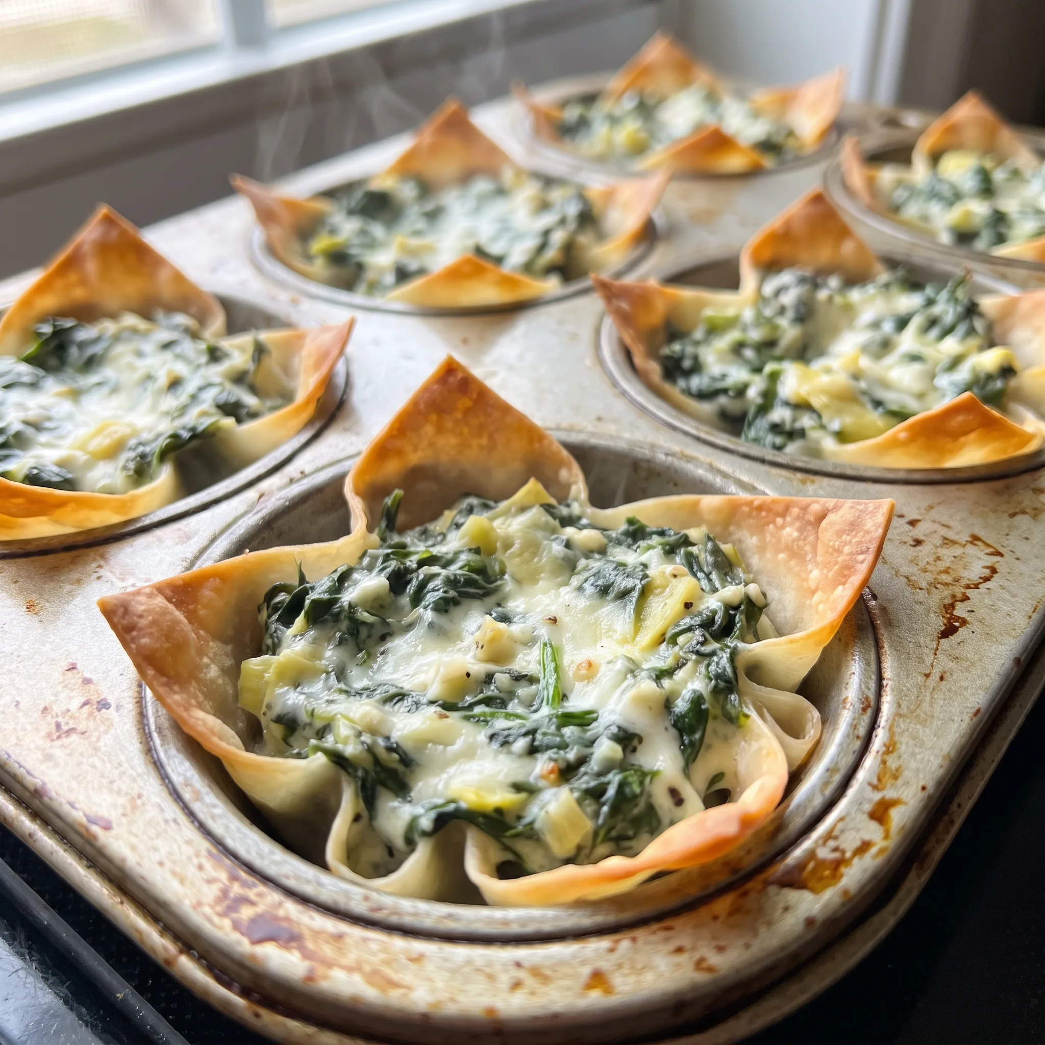 Wonton cups filled with creamy spinach and artichoke mixture, topped with melted Parmesan cheese.