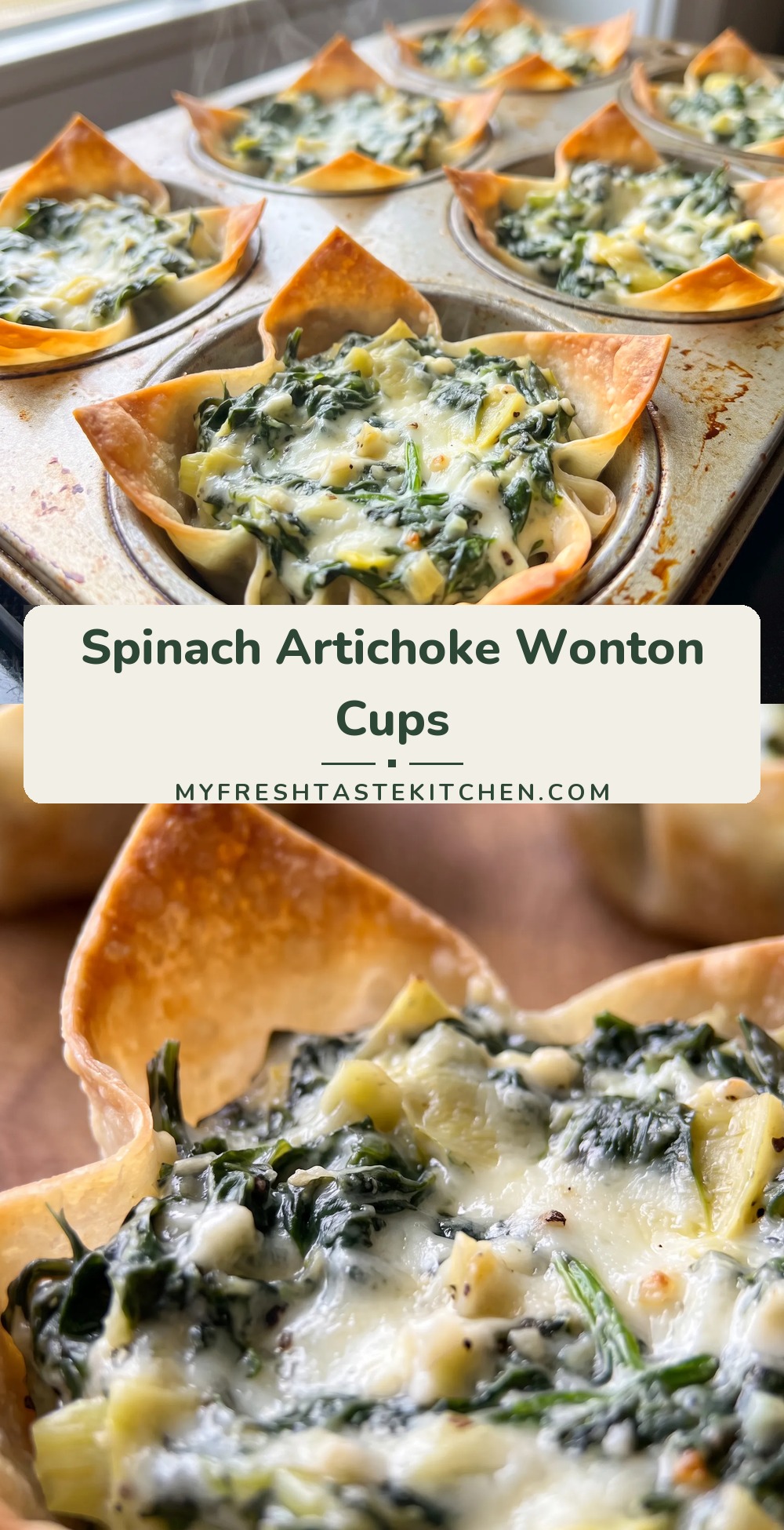 Golden wonton cups filled with creamy spinach and chopped artichoke hearts, topped with melted Parmesan cheese.