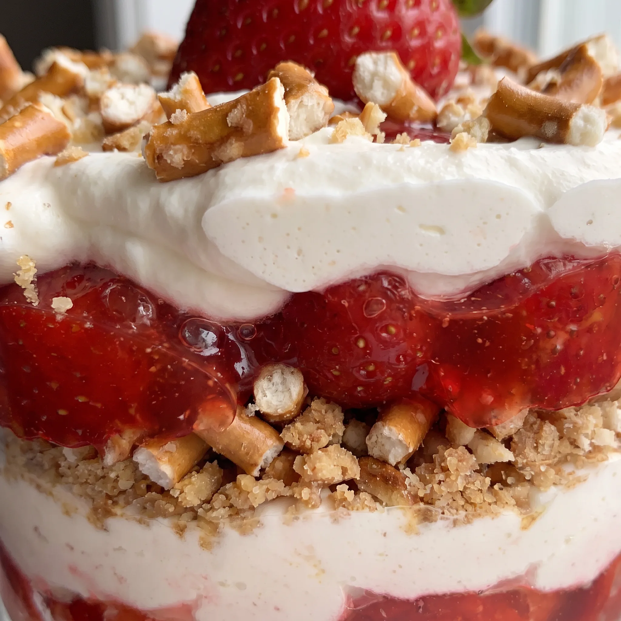 Creamy cheesecake whipped cream layered over crunchy crushed pretzels and glossy strawberry pie filling with fresh strawberry pieces.