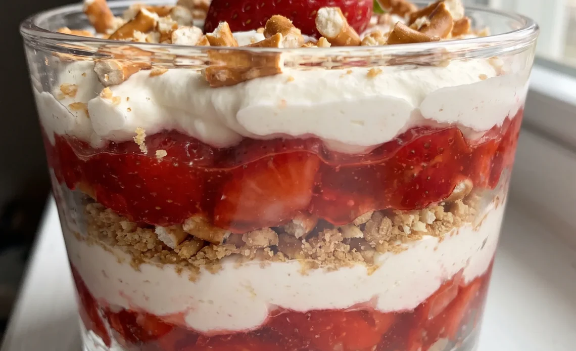 Strawberry pretzel salad jars with layers of crushed pretzels, cheesecake whipped cream, strawberry pie filling, and fresh strawberries.