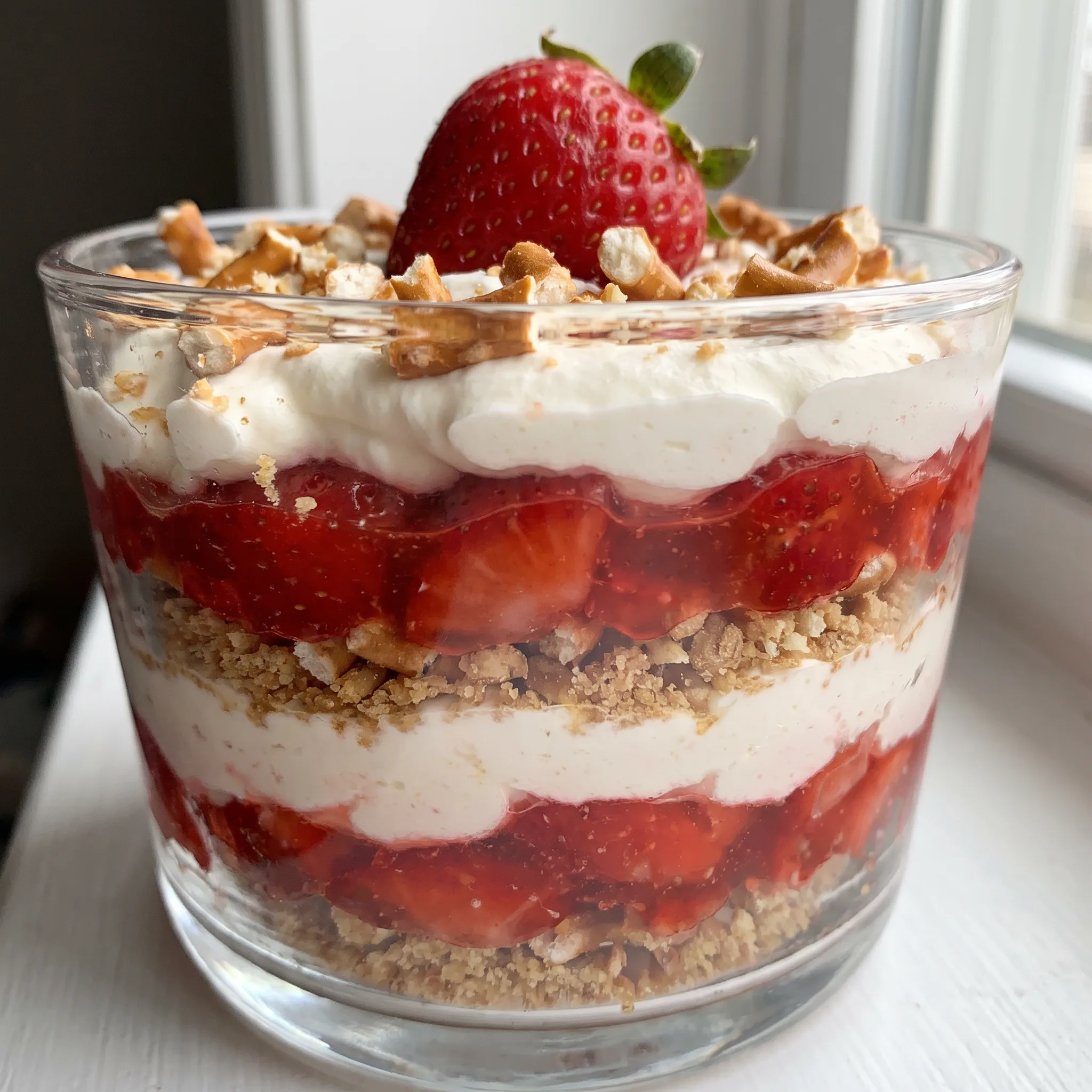 Strawberry pretzel salad jars with layers of crushed pretzels, cheesecake whipped cream, strawberry pie filling, and fresh strawberries.