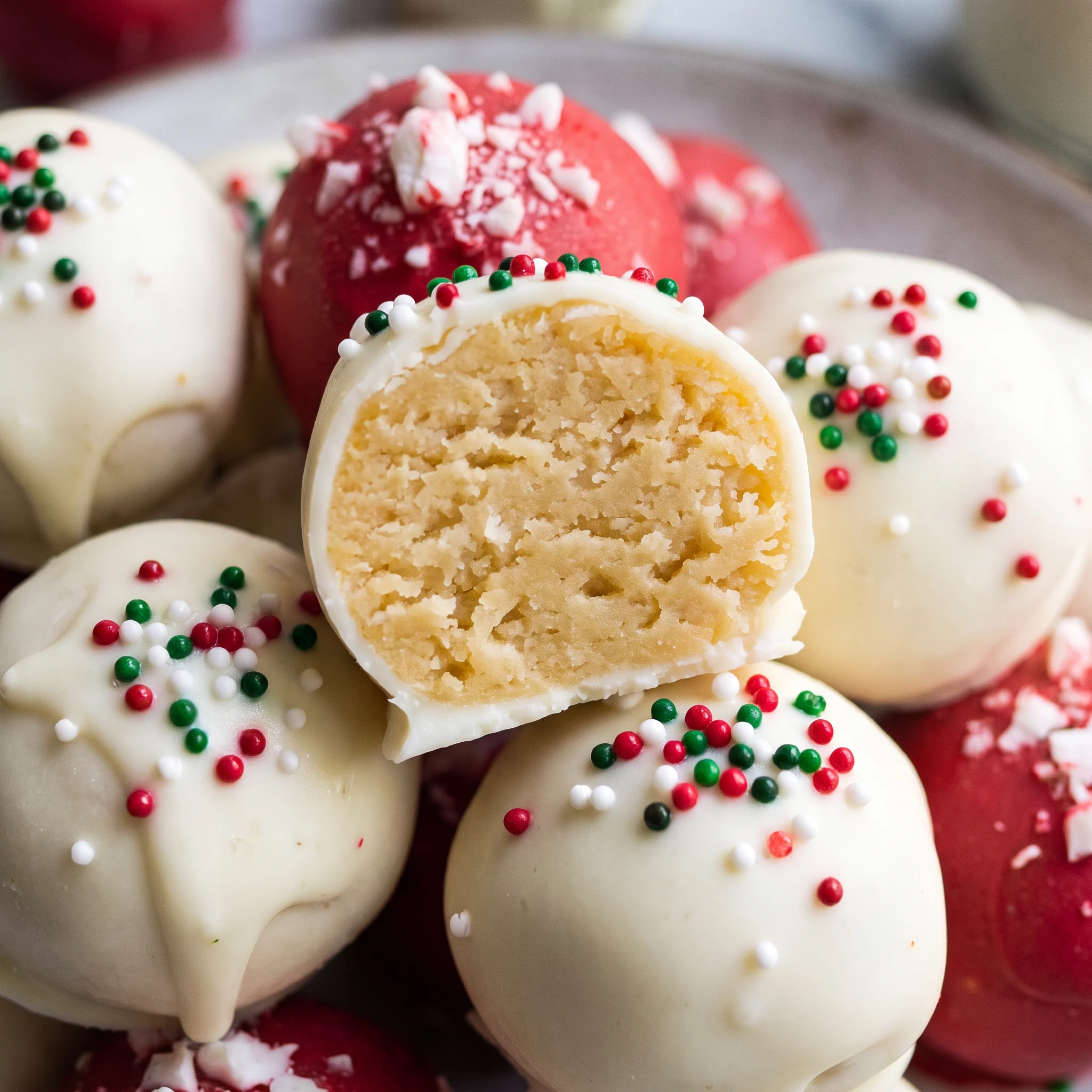 Creamy cream cheese center inside a chocolate shell, with crushed sugar cookie and colorful sprinkles.