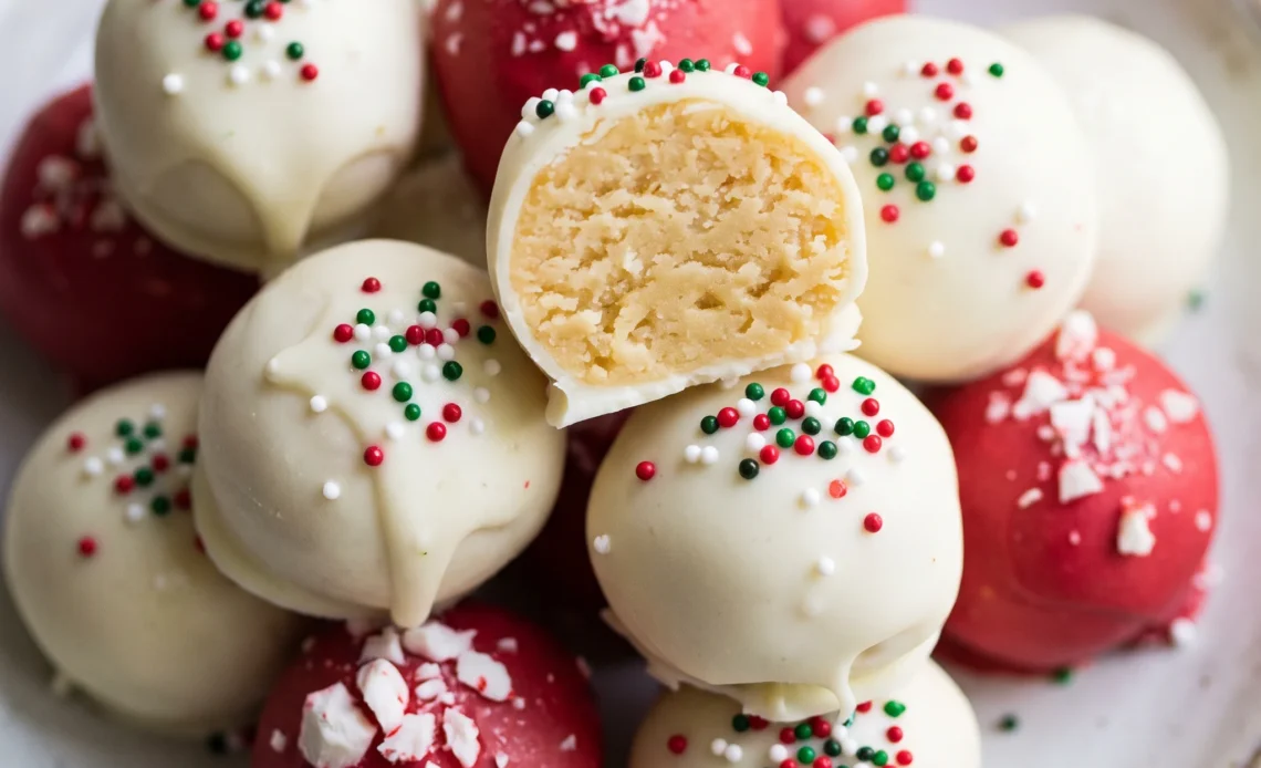 Sugar cookie truffles coated in chocolate with sprinkles, cream cheese filling visible at the bite.