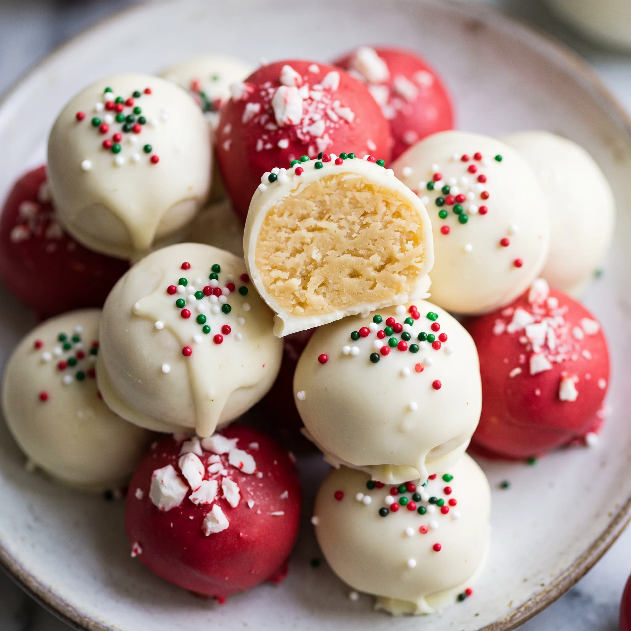 Sugar cookie truffles coated in chocolate with sprinkles, cream cheese filling visible at the bite.