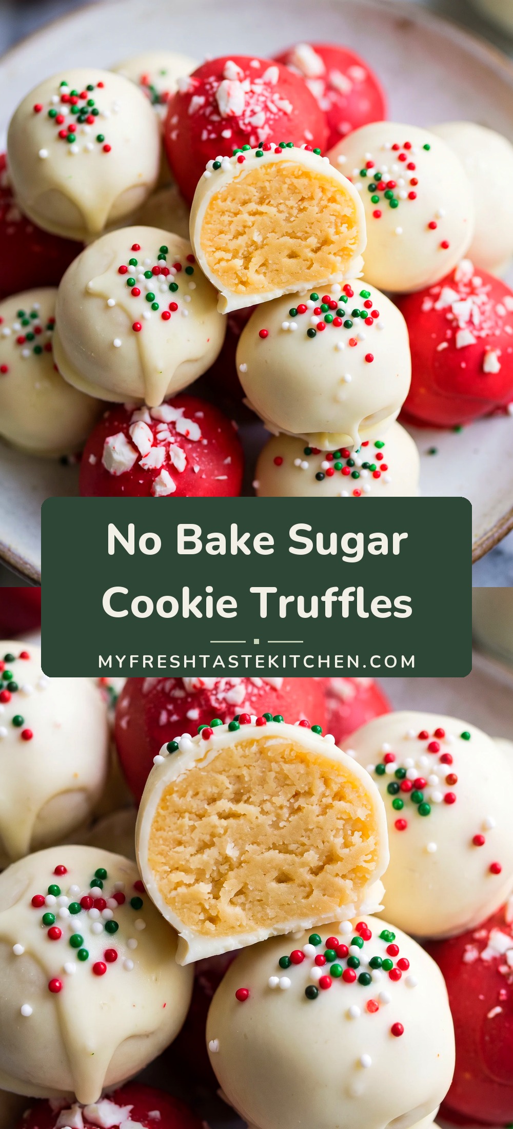 Round sugar cookie truffles coated in dark chocolate with sprinkles, showing creamy cream cheese centers.