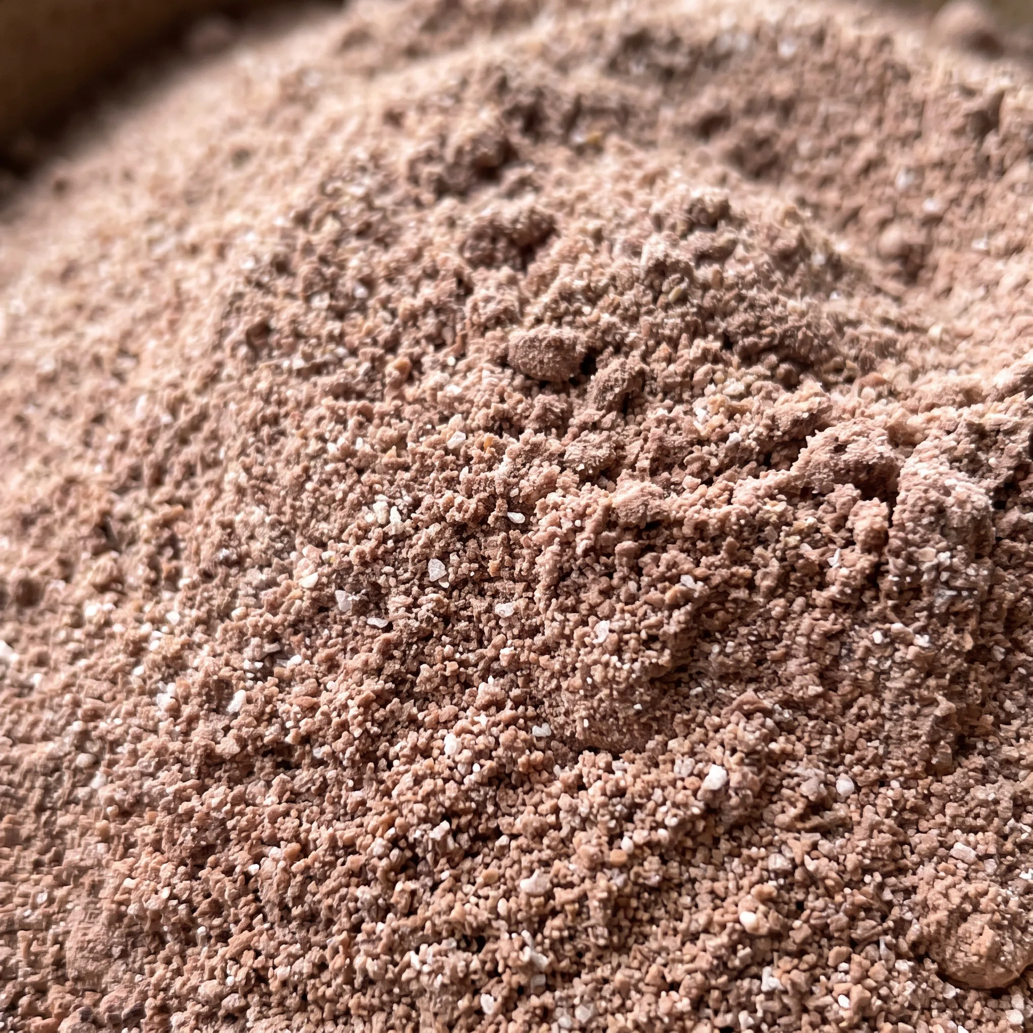 Fine cocoa powder blend with pale milk powder specks and dark chocolate pudding granules.