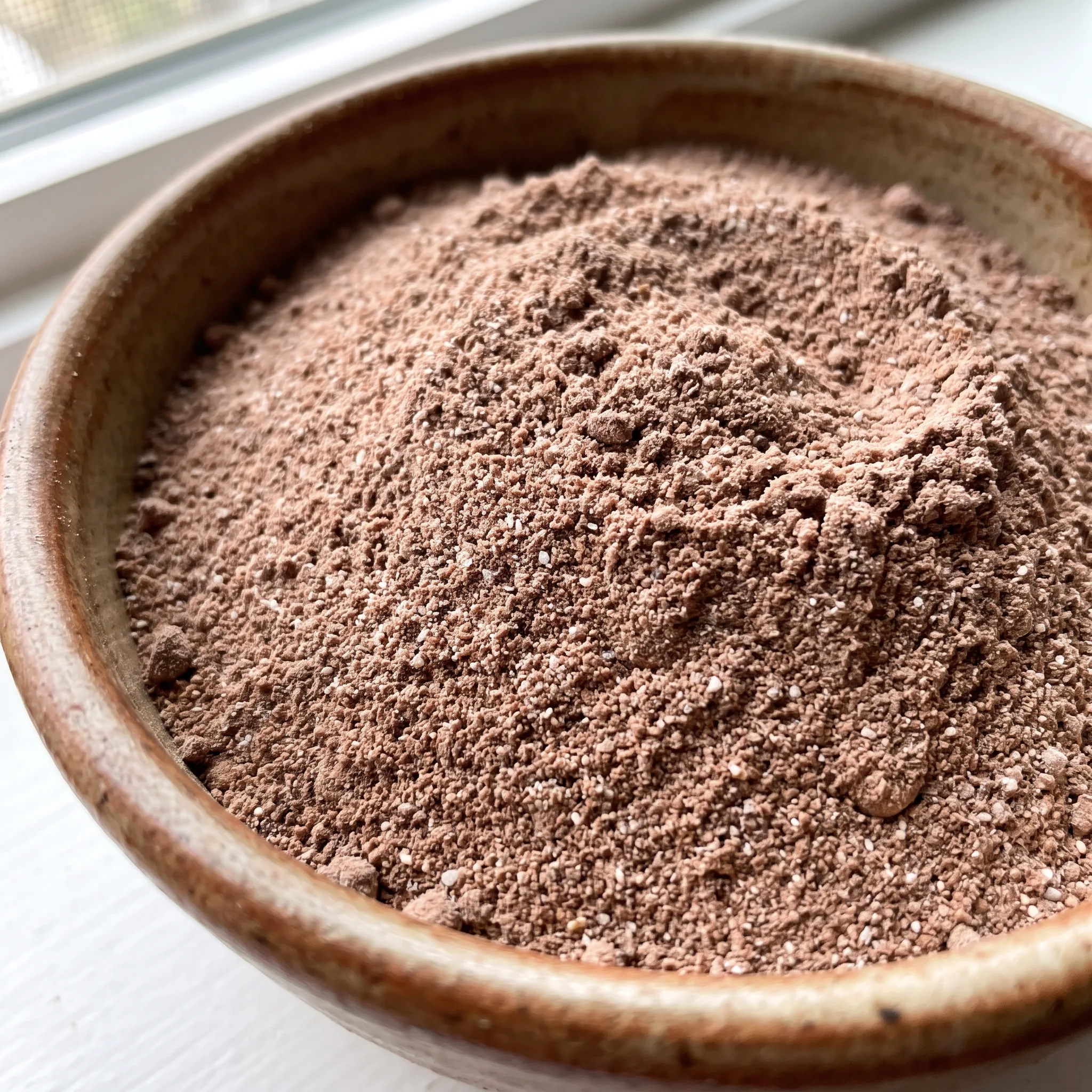 Sugar-free hot cocoa mix with powdered milk, baking cocoa, and instant chocolate pudding, dry and blended.