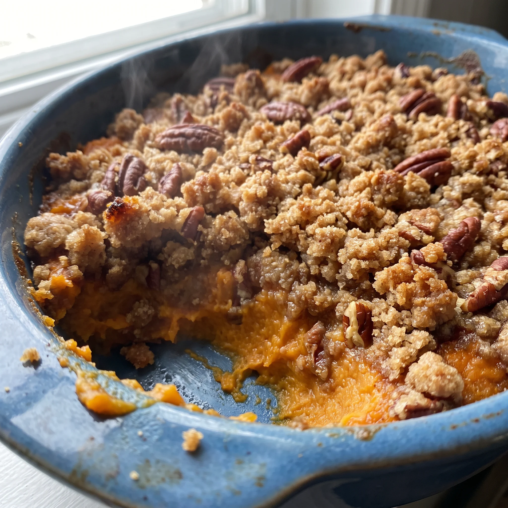 Sweet potato casserole with pecan topping, mashed sweet potatoes beneath a layer of brown sugar and butter glazed pecans.