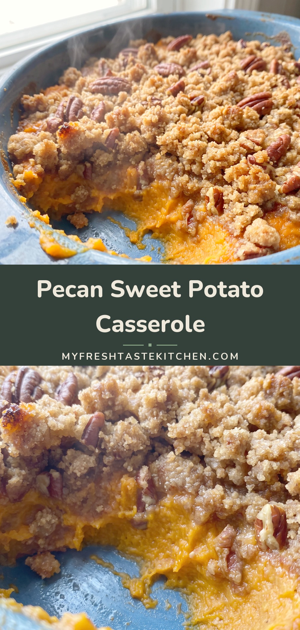Baked sweet potato casserole with a golden brown pecan and brown sugar topping, creamy orange filling visible at the edges.