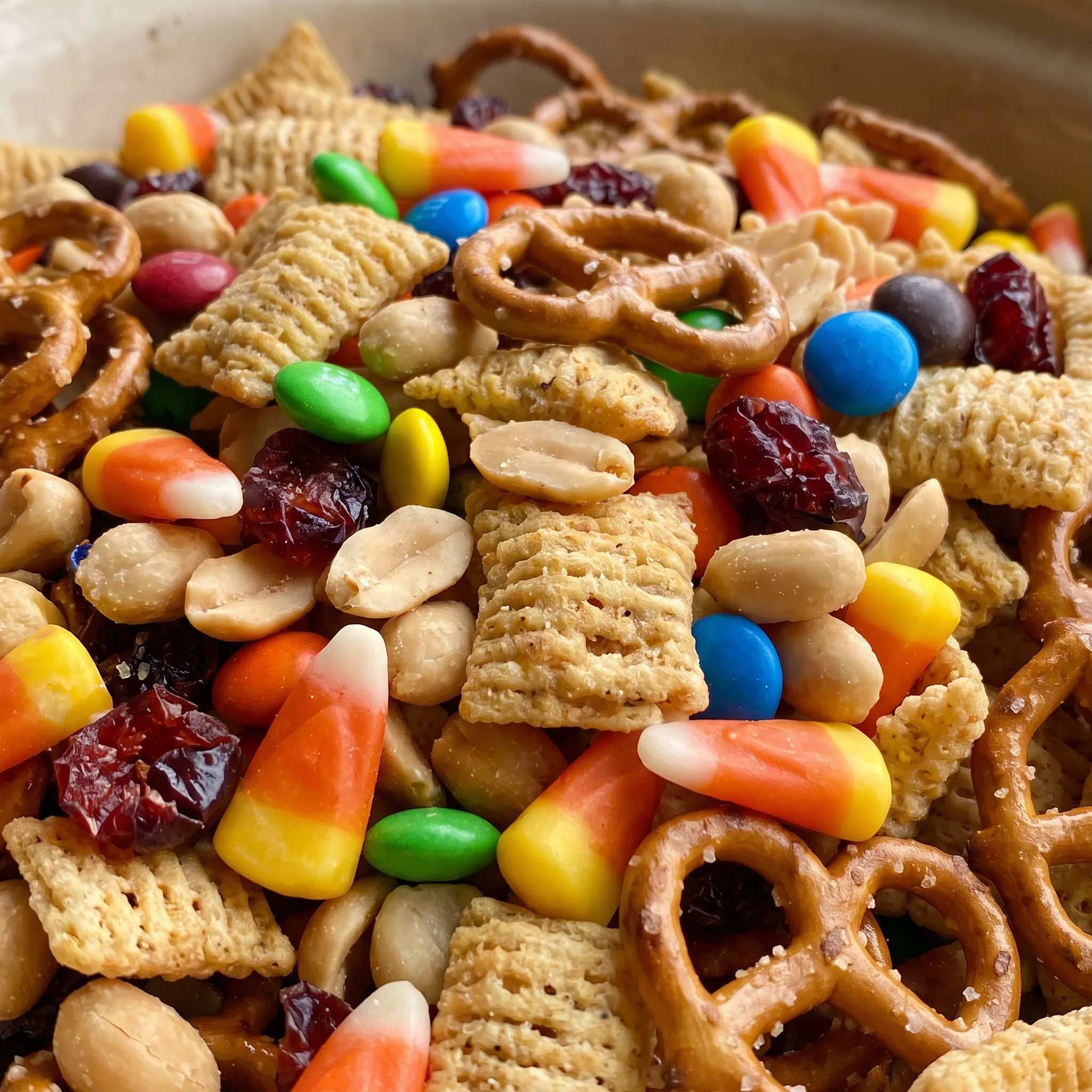 Crunchy Bugles and pretzels mixed with salty peanuts, colorful M&M's, orange candy corn, and chewy red craisins.