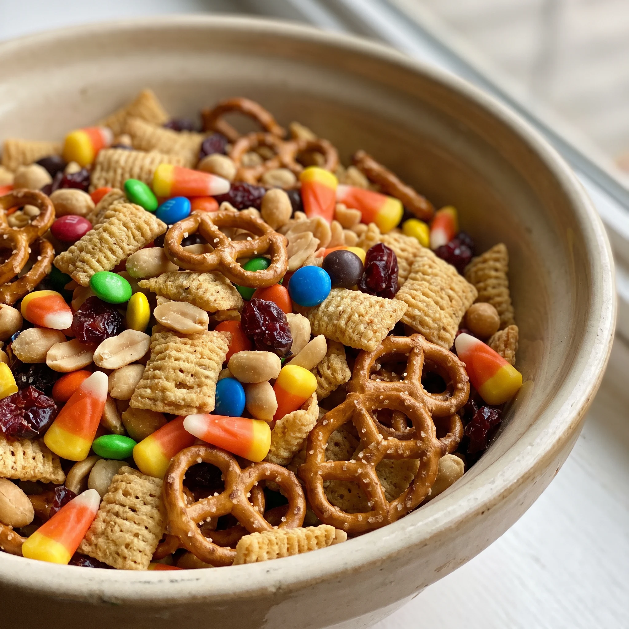 Thanksgiving blessing mix with Bugles, pretzels, peanuts, M&M's, candy corn, and craisins.
