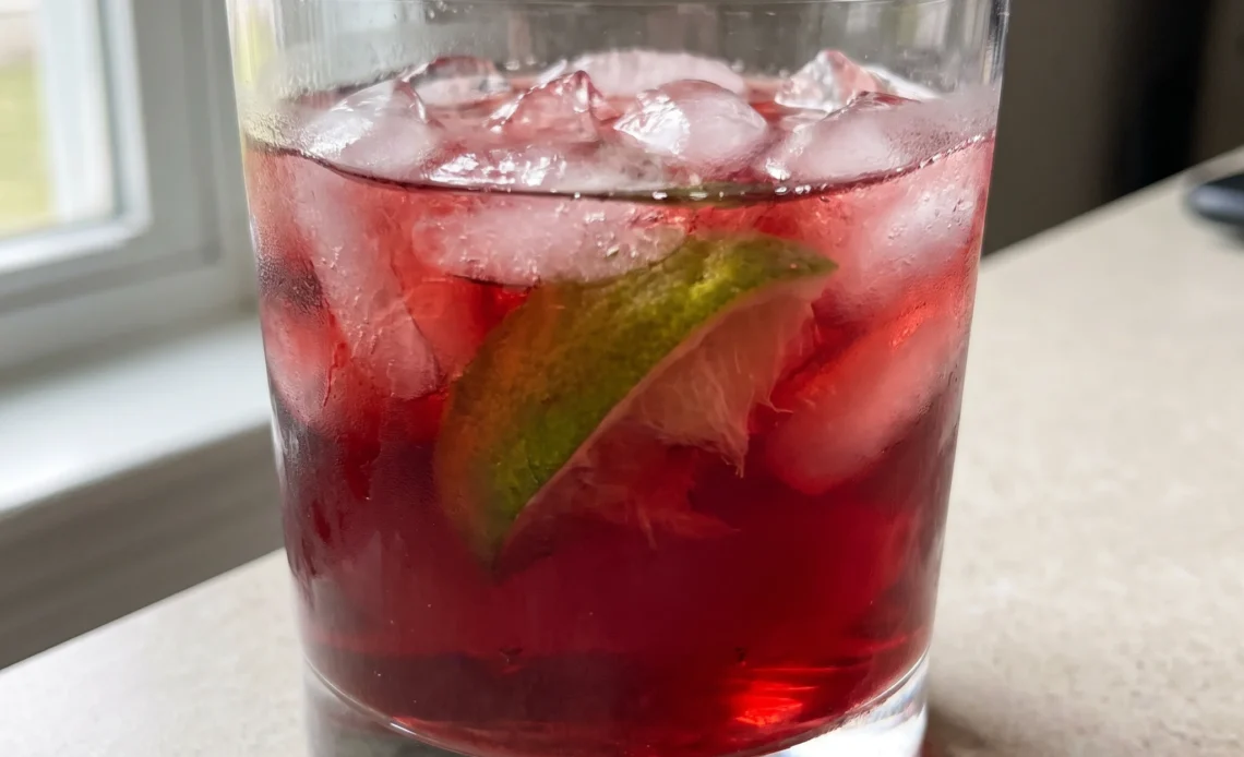 Vodka cranberry cocktail in a glass, ruby red liquid with a lime wedge on the rim.