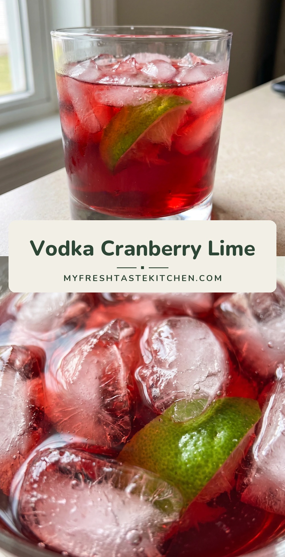 A highball glass filled with ice cubes and a red cranberry vodka cocktail, garnished with a lime wedge.