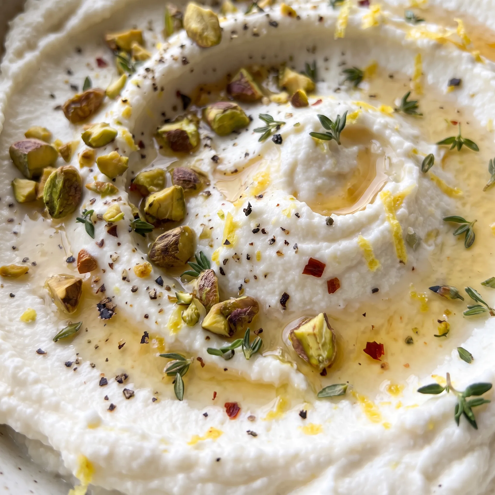 Smooth whipped ricotta topped with glistening honey and fine lemon zest