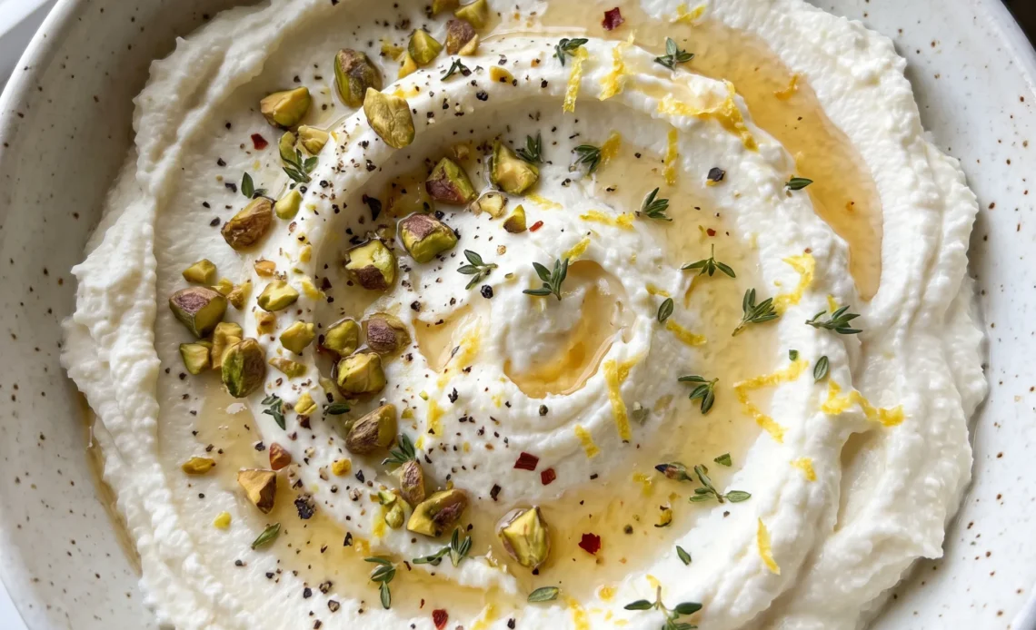 Whipped ricotta dip with honey drizzle and lemon zest