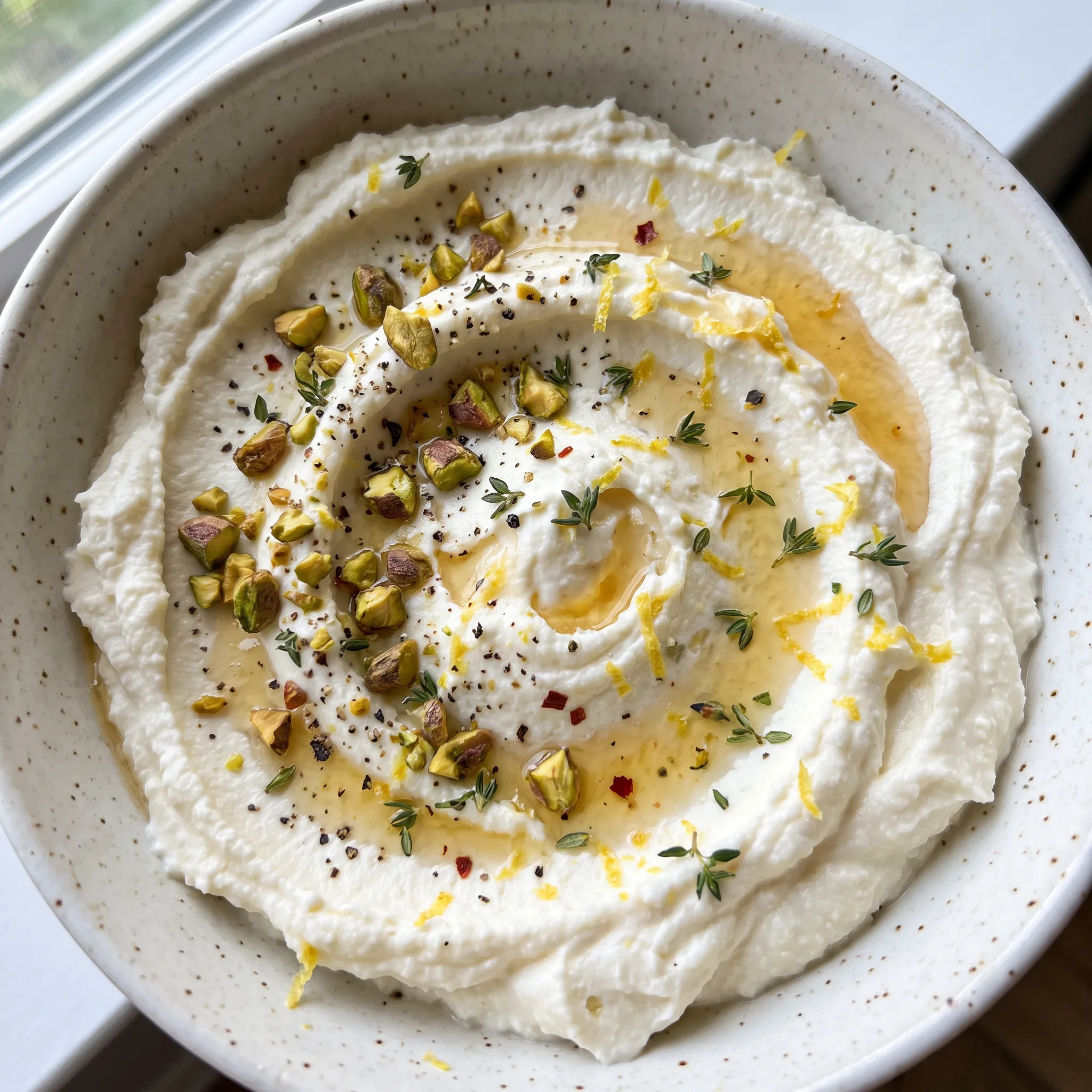 Whipped ricotta dip with honey drizzle and lemon zest