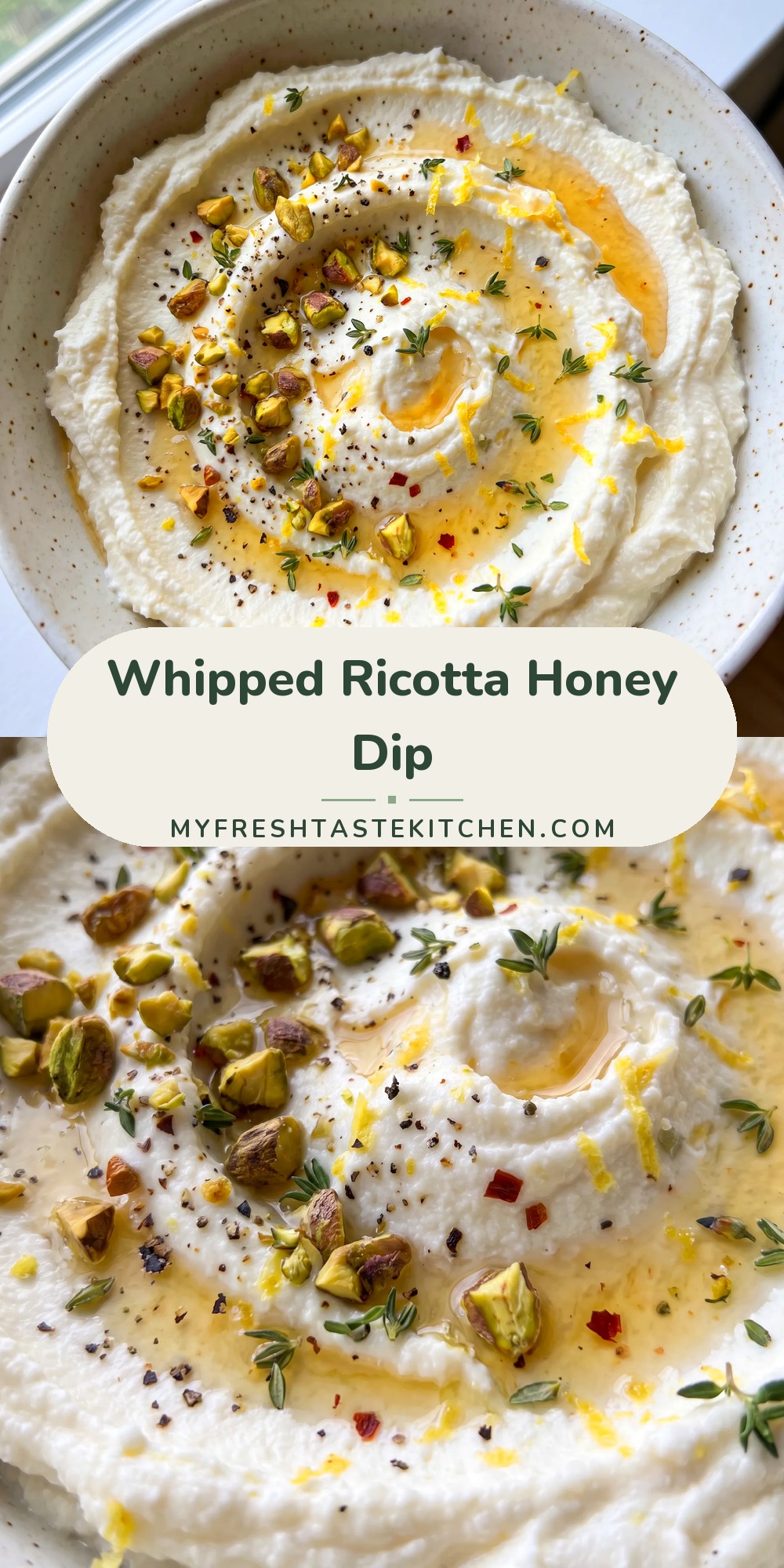Whipped ricotta dip swirled with honey and lemon zest, topped with olive oil, pistachios, thyme, and red pepper flakes.