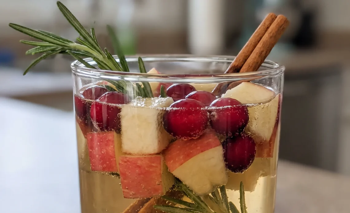 White Christmas Sangria in a glass pitcher with white wine, whole cranberries, apple slices, and a cinnamon stick.