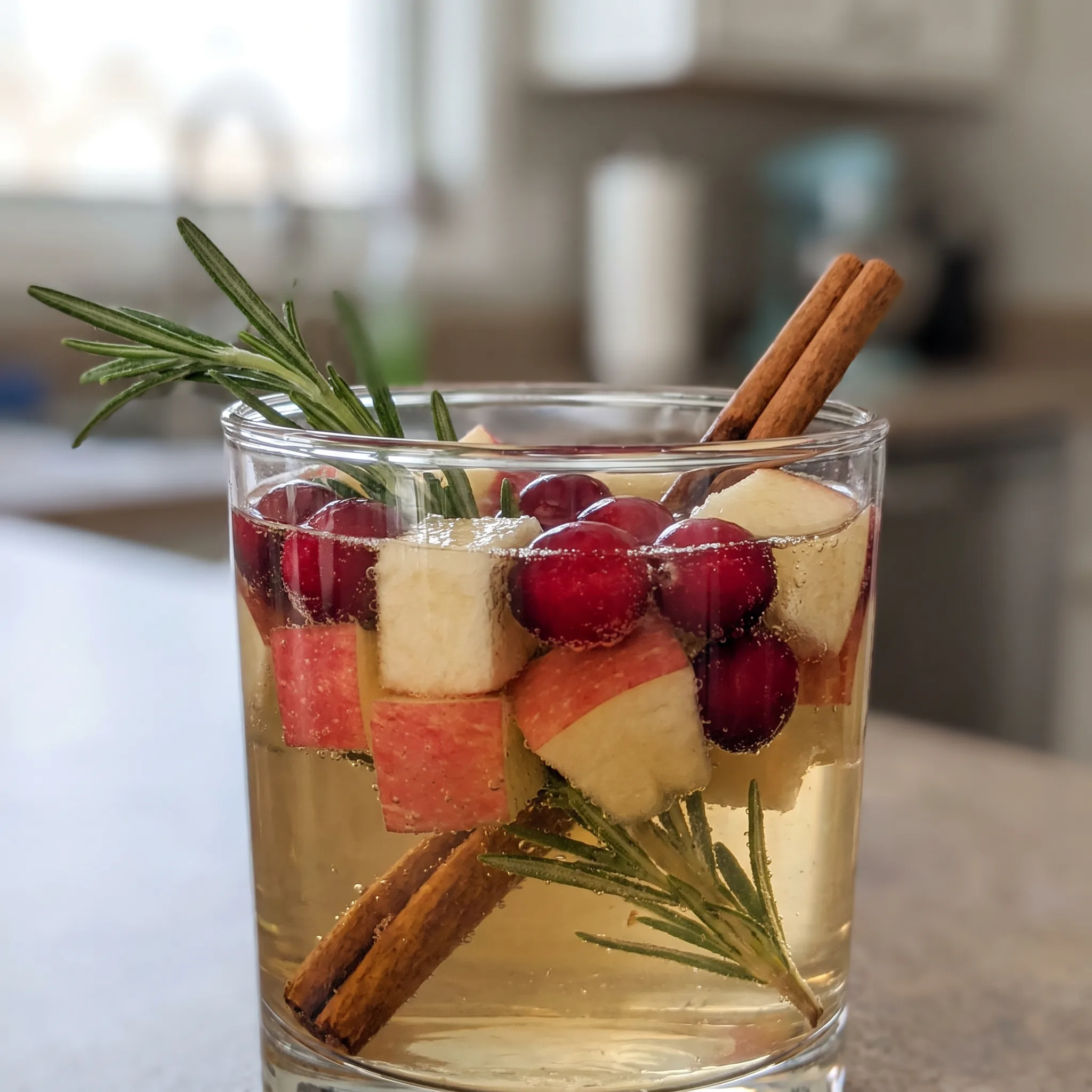 White Christmas Sangria in a glass pitcher with white wine, whole cranberries, apple slices, and a cinnamon stick.