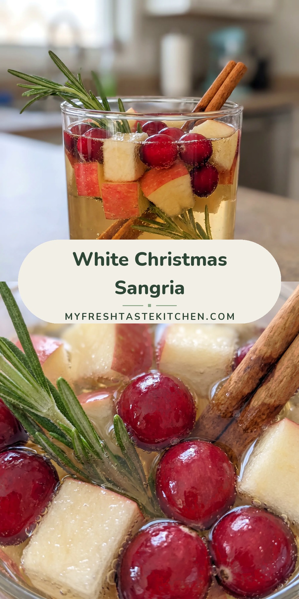 White sangria in a glass with apple cubes, fresh cranberries, and a cinnamon stick.