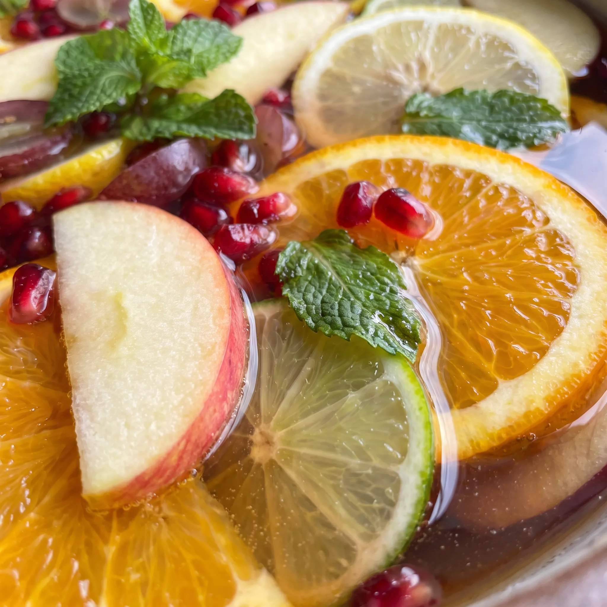 Pomegranate seeds and mint leaves floating among apple, orange, lemon, and lime slices in sparkling apple cider.
