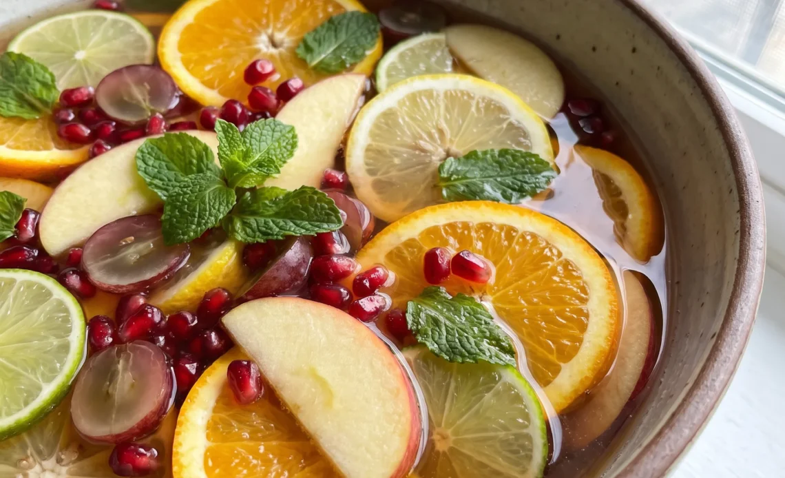 Sparkling apple cider sangria with orange, lemon, lime, apple slices, grapes, pomegranate seeds, and mint.