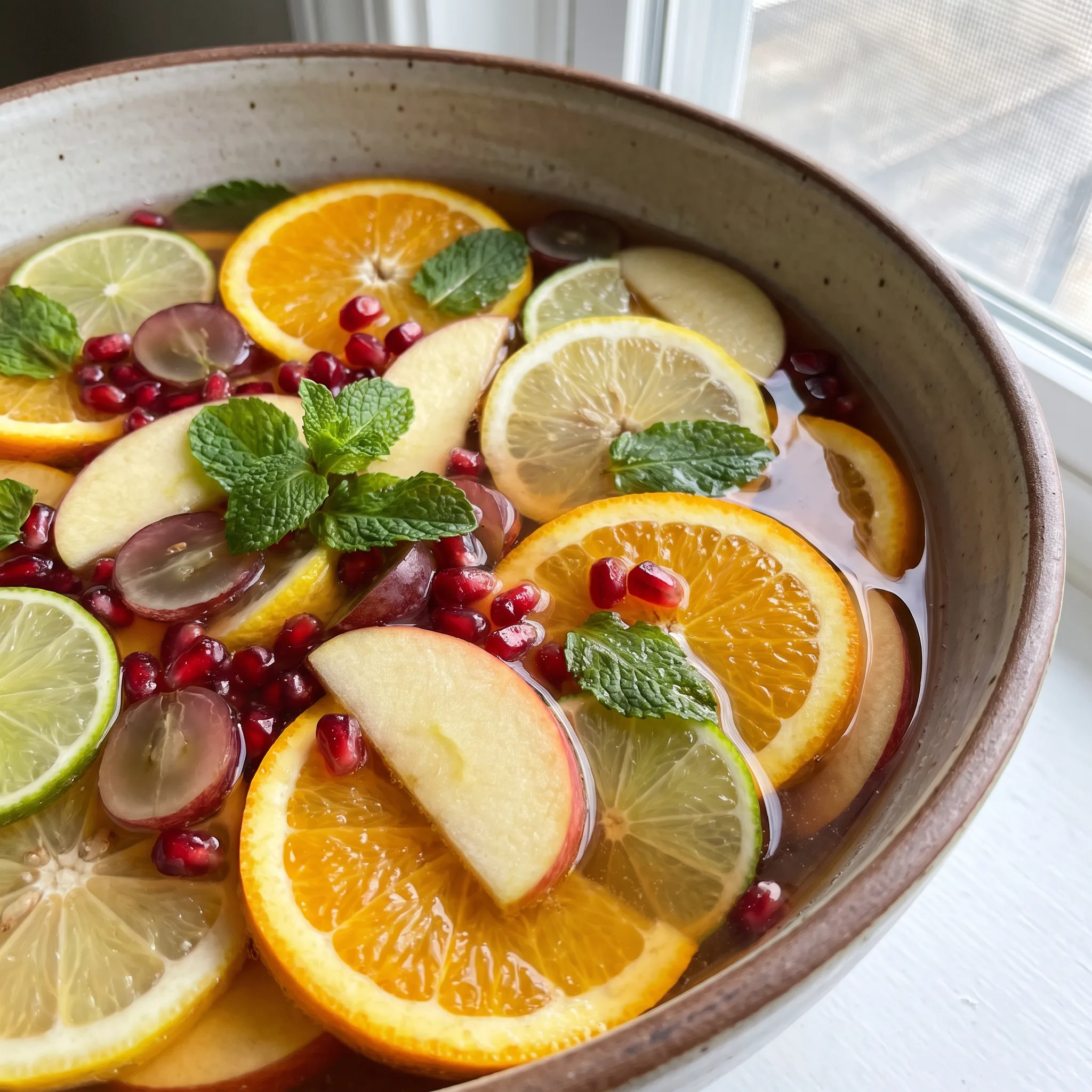 Sparkling apple cider sangria with orange, lemon, lime, apple slices, grapes, pomegranate seeds, and mint.