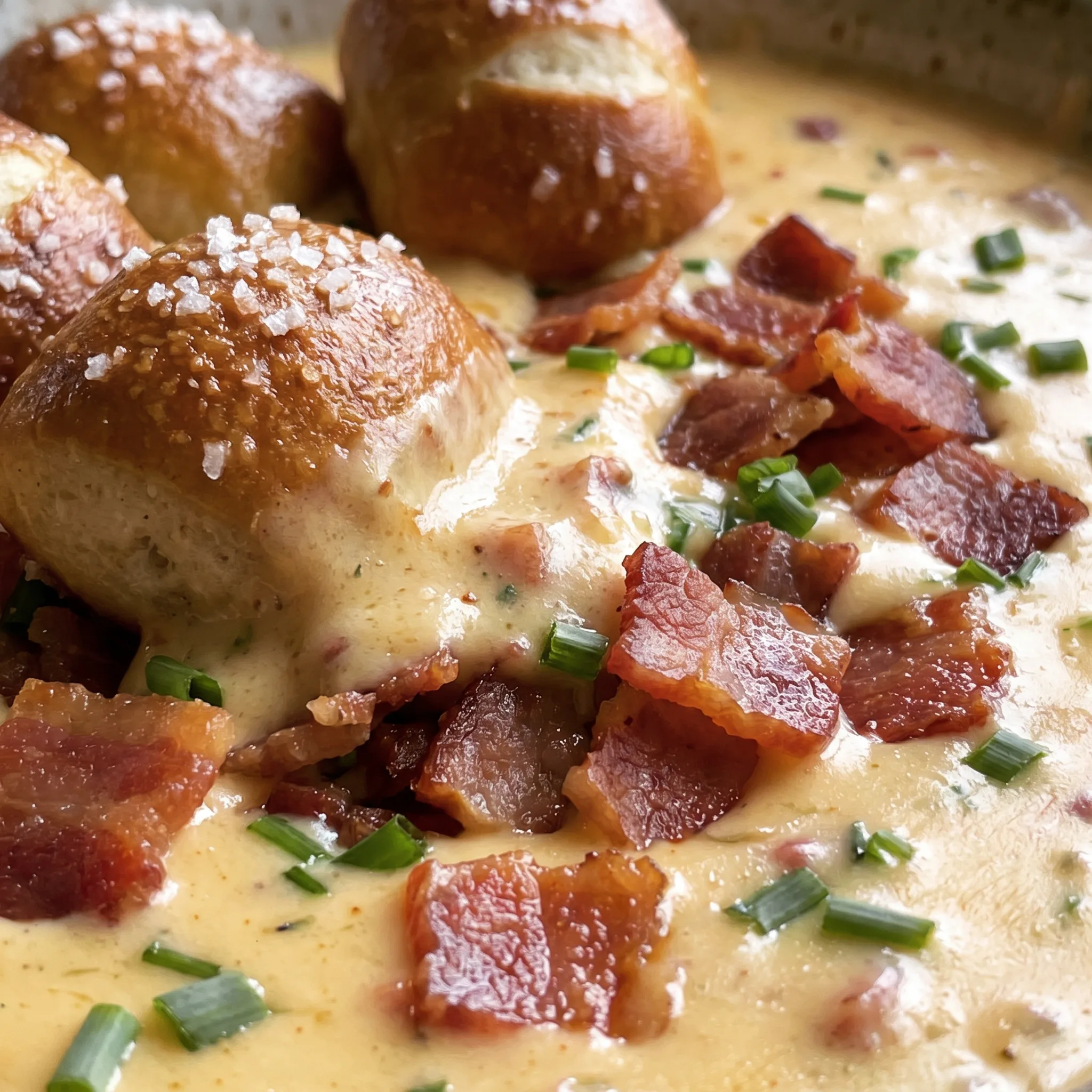 Creamy orange cheese dip with a smooth, glossy texture, scattered with crisp bacon bits and green chive pieces.