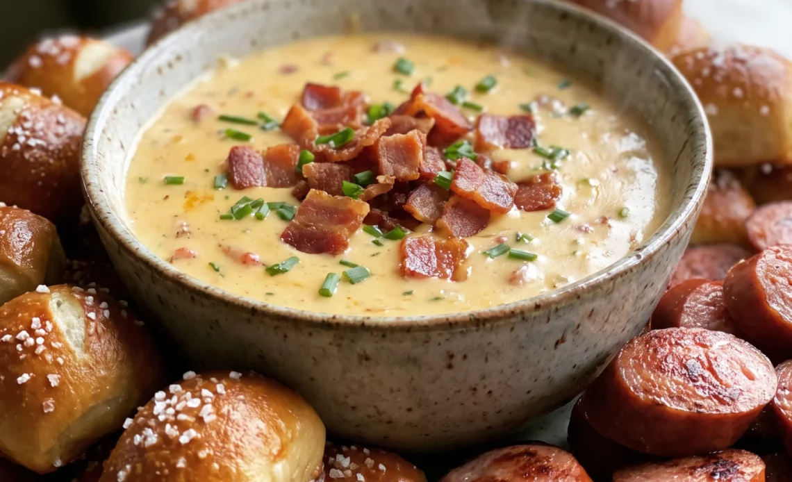 Bacon beer cheese dip with melted cheddar and cream cheese, topped with crispy bacon pieces and chopped chives.