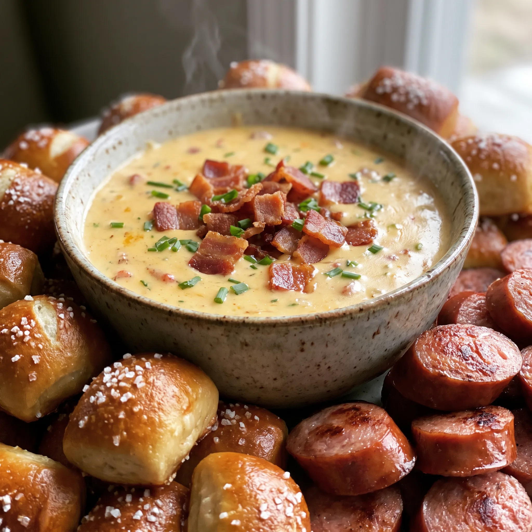 Bacon beer cheese dip with melted cheddar and cream cheese, topped with crispy bacon pieces and chopped chives.