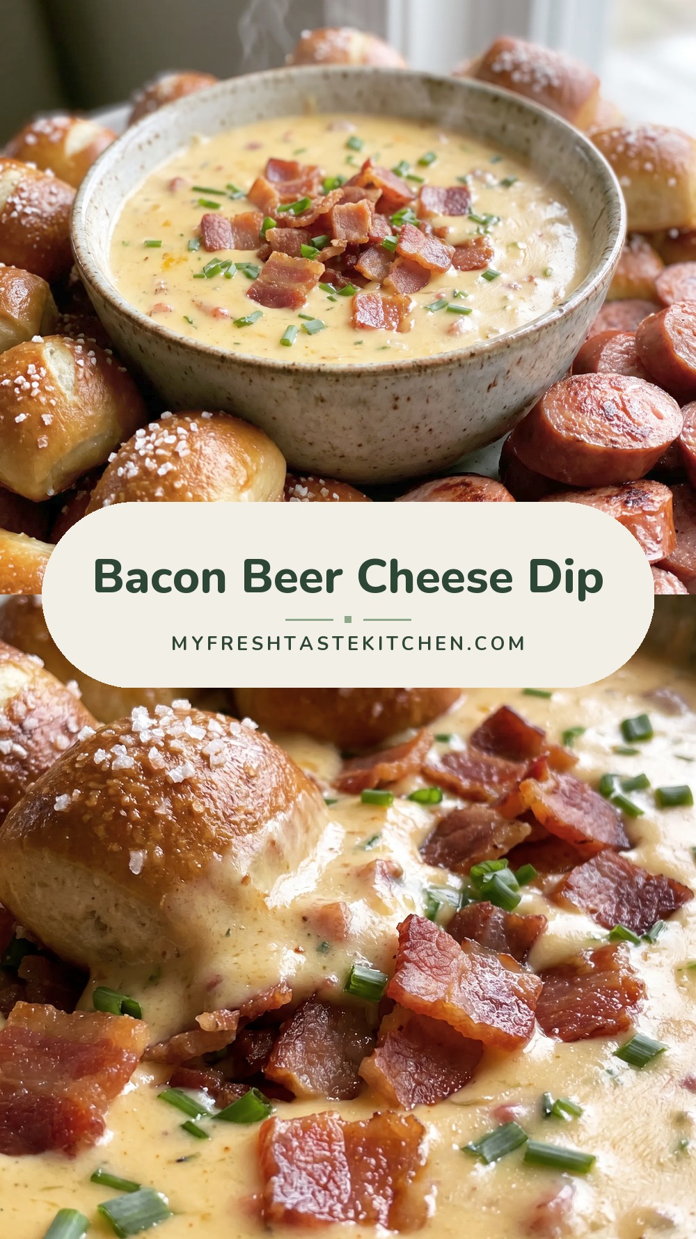 Creamy beer cheese dip with melted white and yellow cheddar, cream cheese, crispy bacon cubes, and chopped chives.