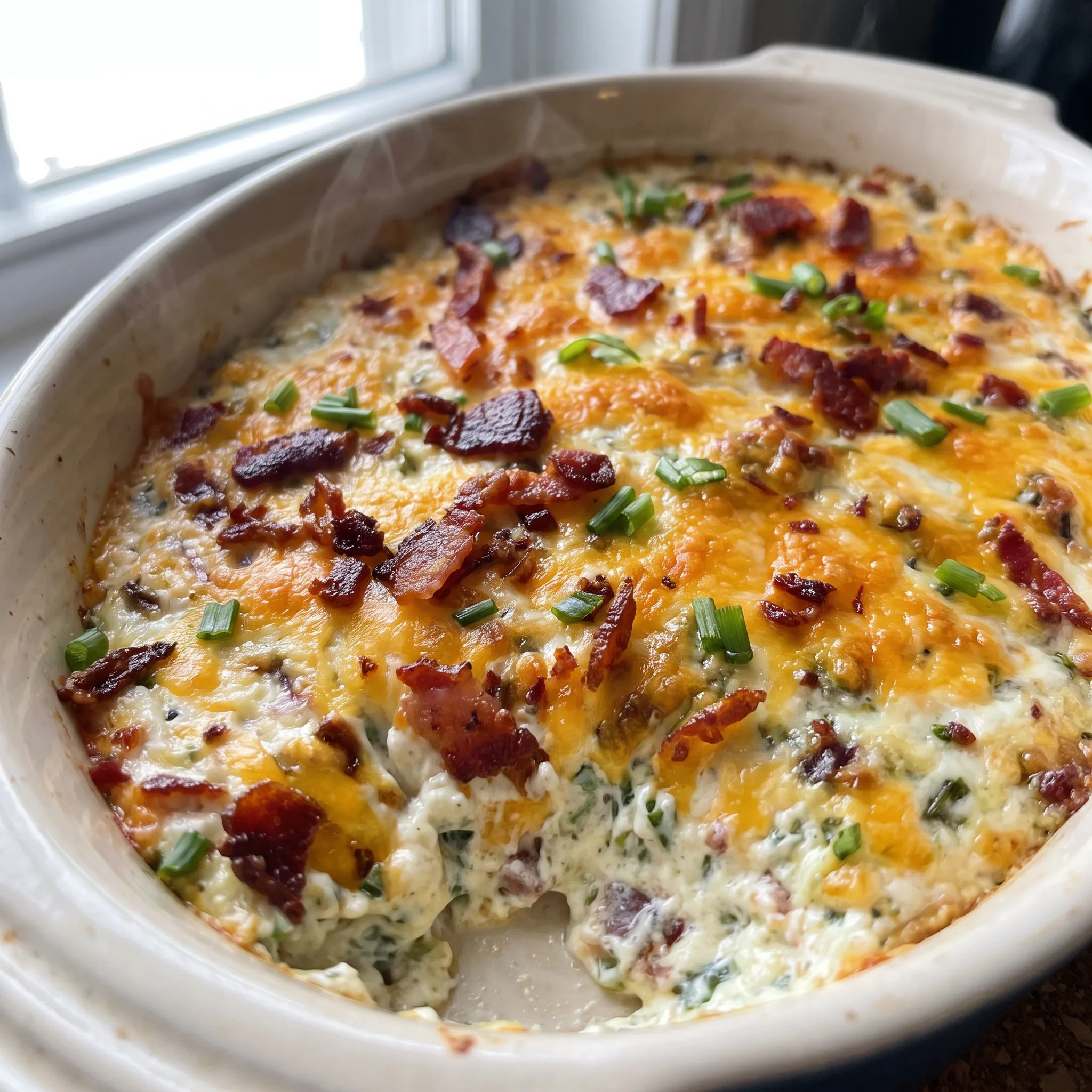 Baked bacon cheddar cream cheese dip with melted cheddar, cream cheese, bacon pieces, and green onions.