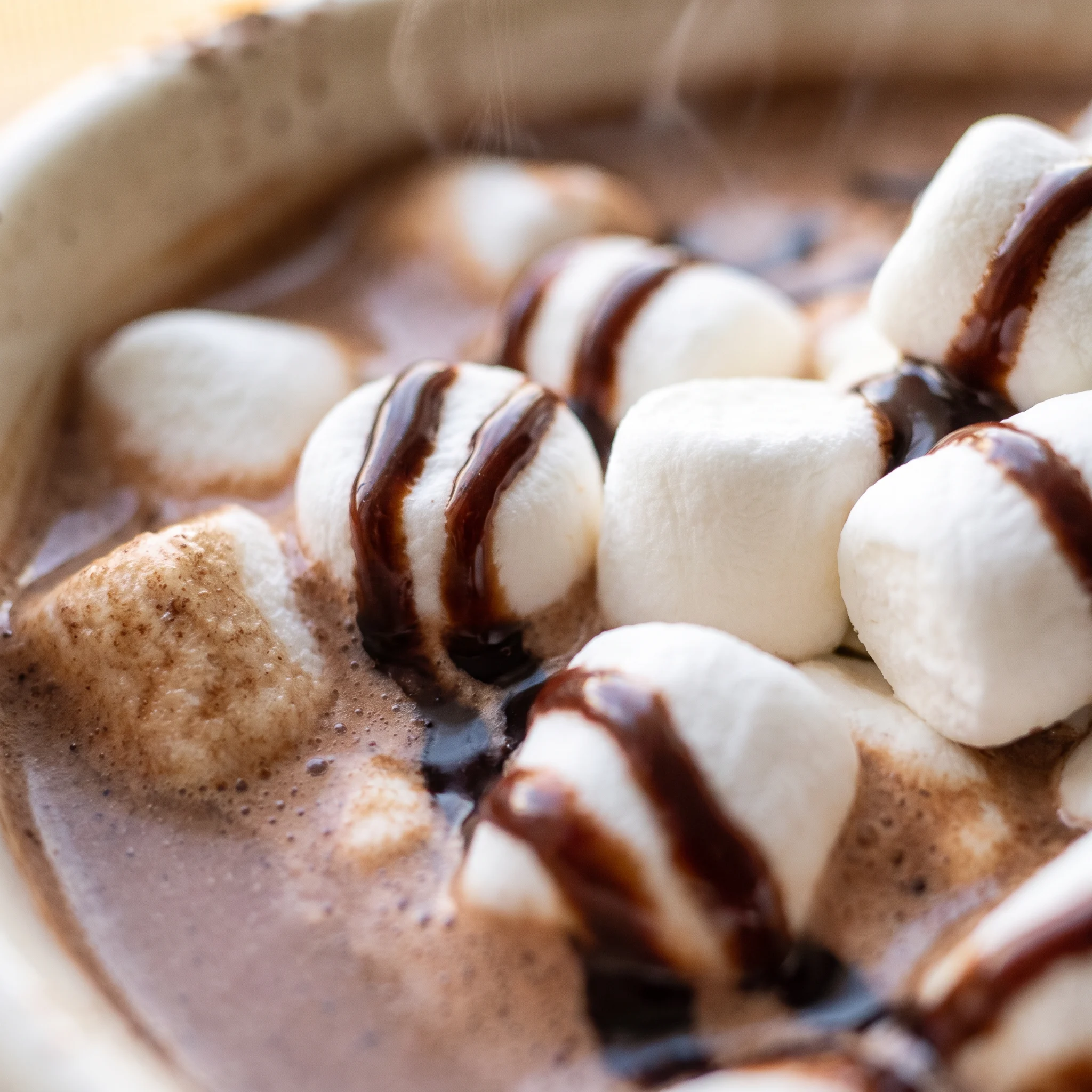 Creamy hot cocoa surface with a pale swirl of Bailey's Irish Cream and milk foam.