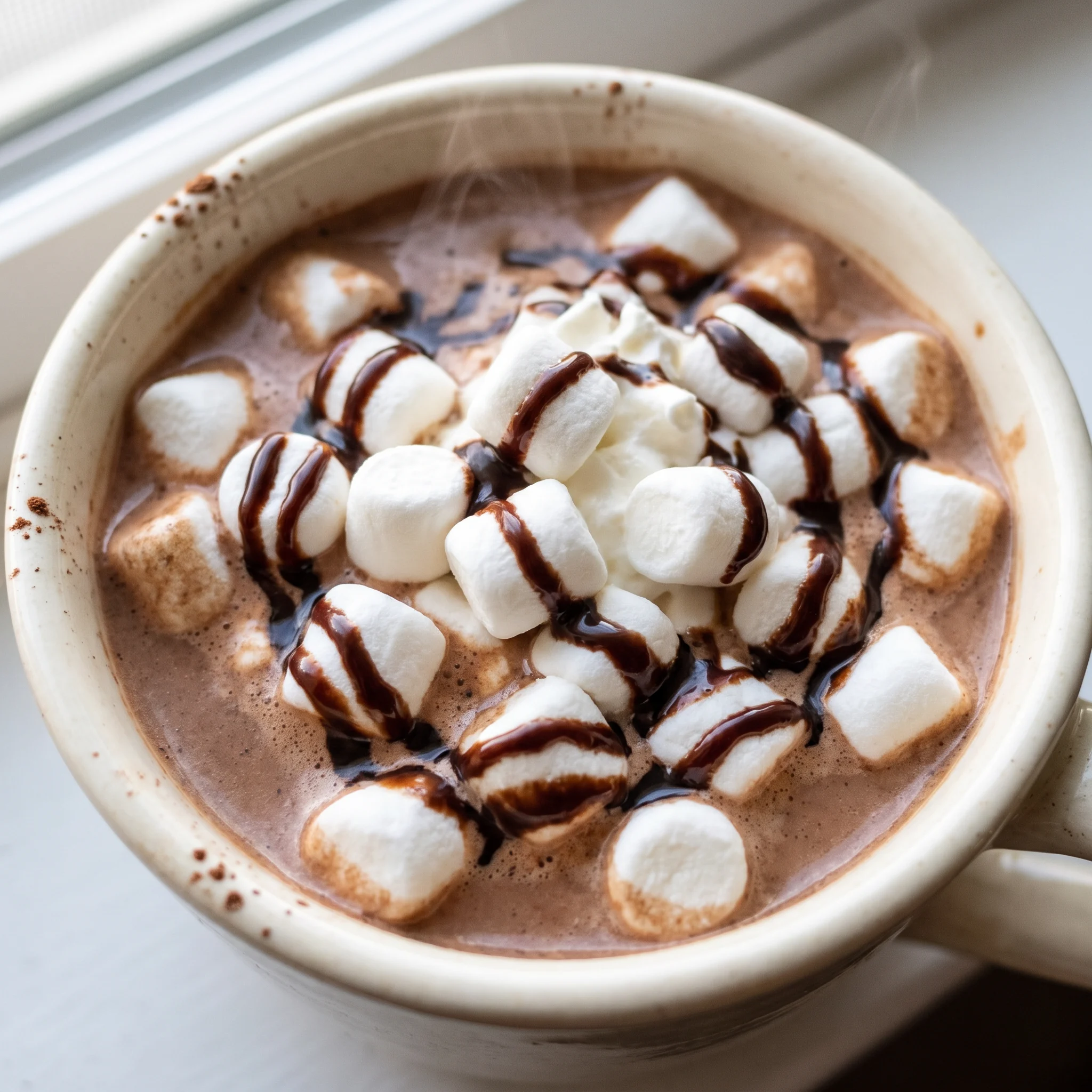 Bailey's boozy hot chocolate in a mug, topped with a swirl of cocoa and milk foam.