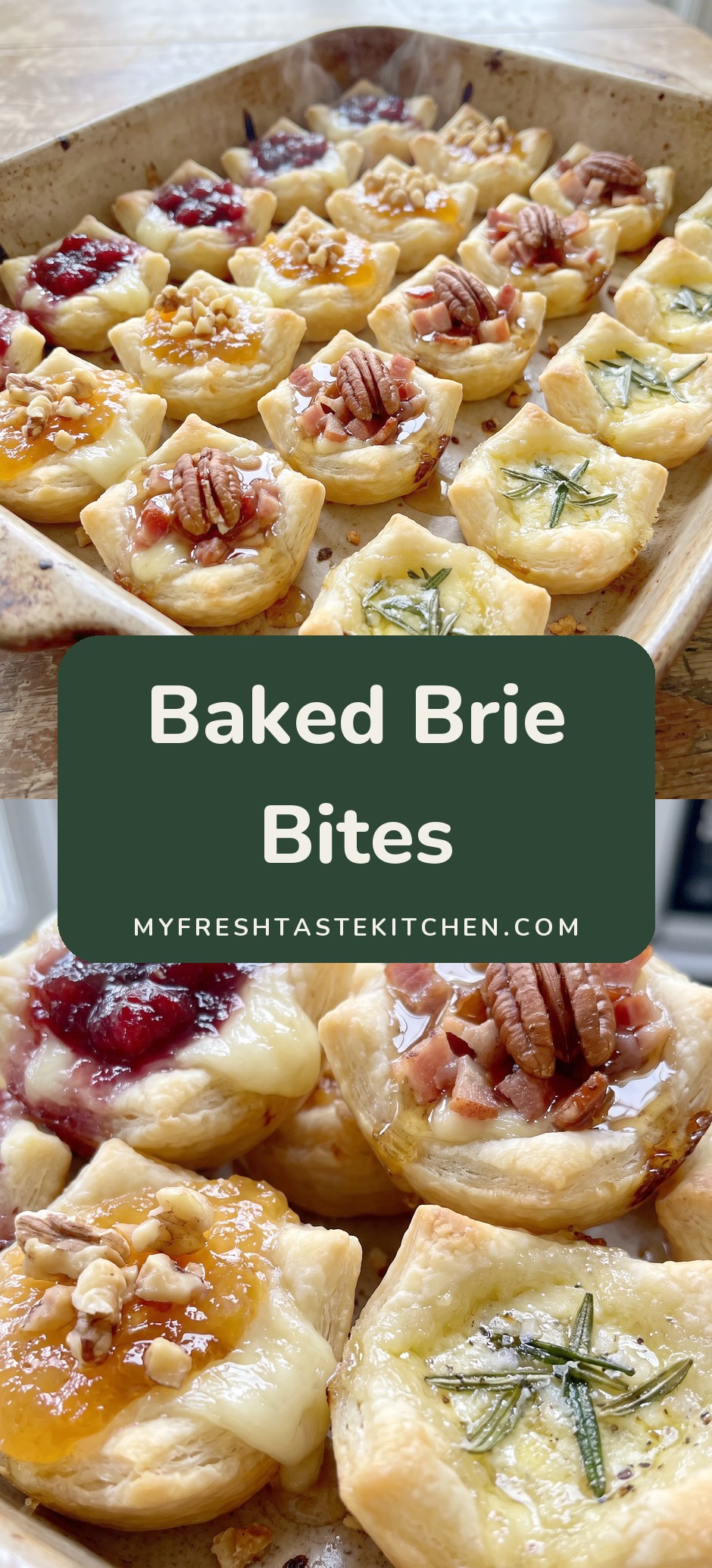 Tray of pastry cups filled with melted brie and topped with cranberry sauce, pecans, apricot and rosemary.