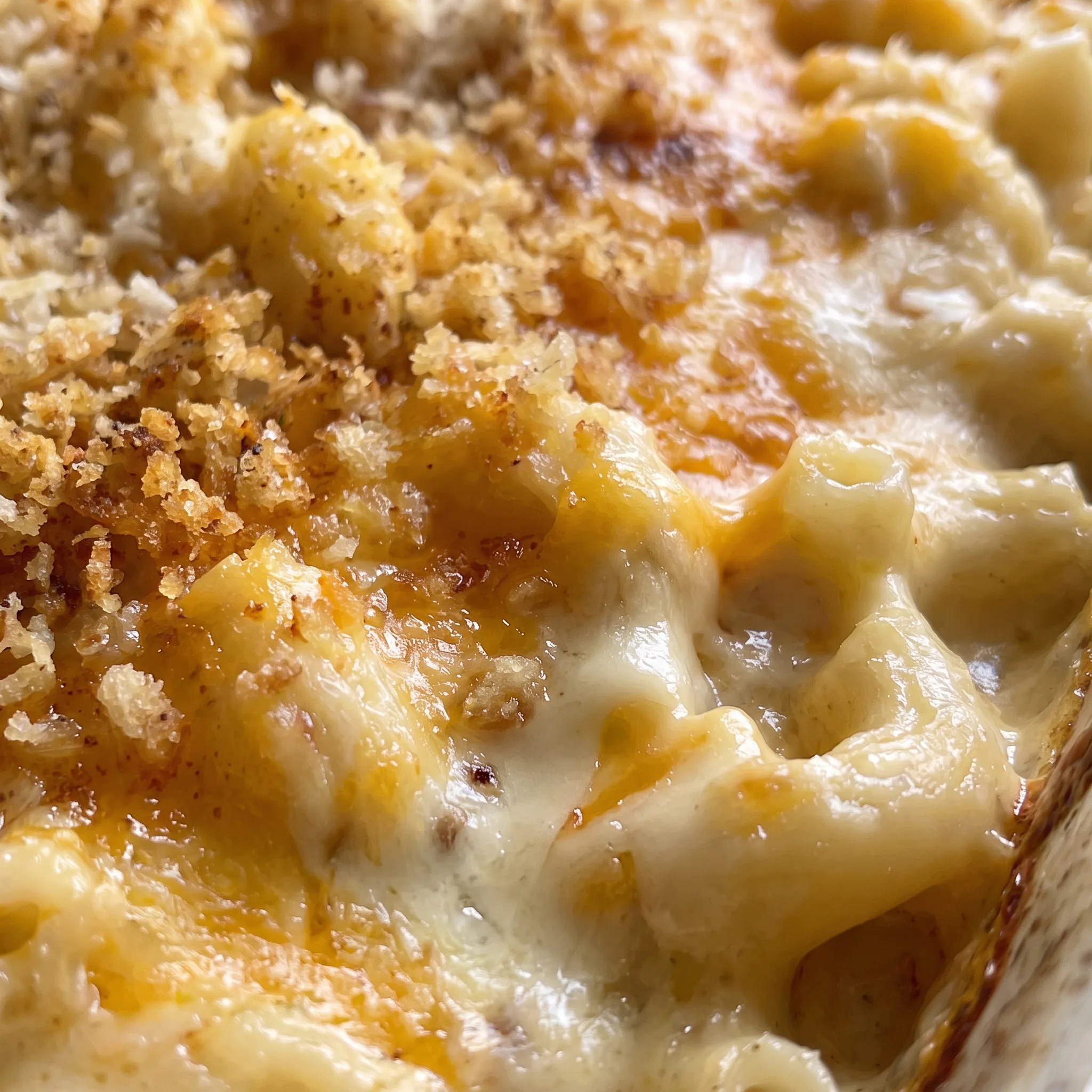 Golden brown panko breadcrumbs cover a creamy cheese sauce with visible elbow macaroni and melted cheddar, mozzarella, and Parmesan.
