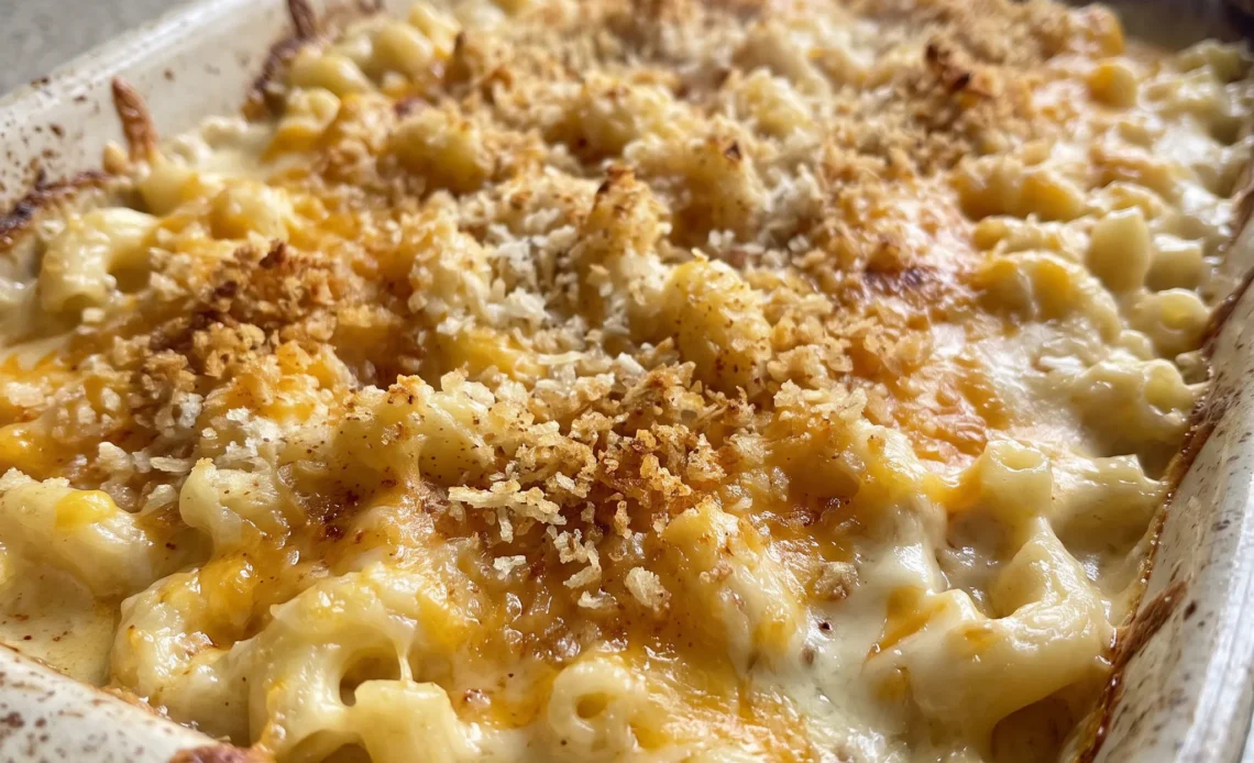 Baked macaroni and cheese with elbow macaroni in a creamy cheddar, mozzarella, and Parmesan sauce, topped with golden panko breadcrumbs.