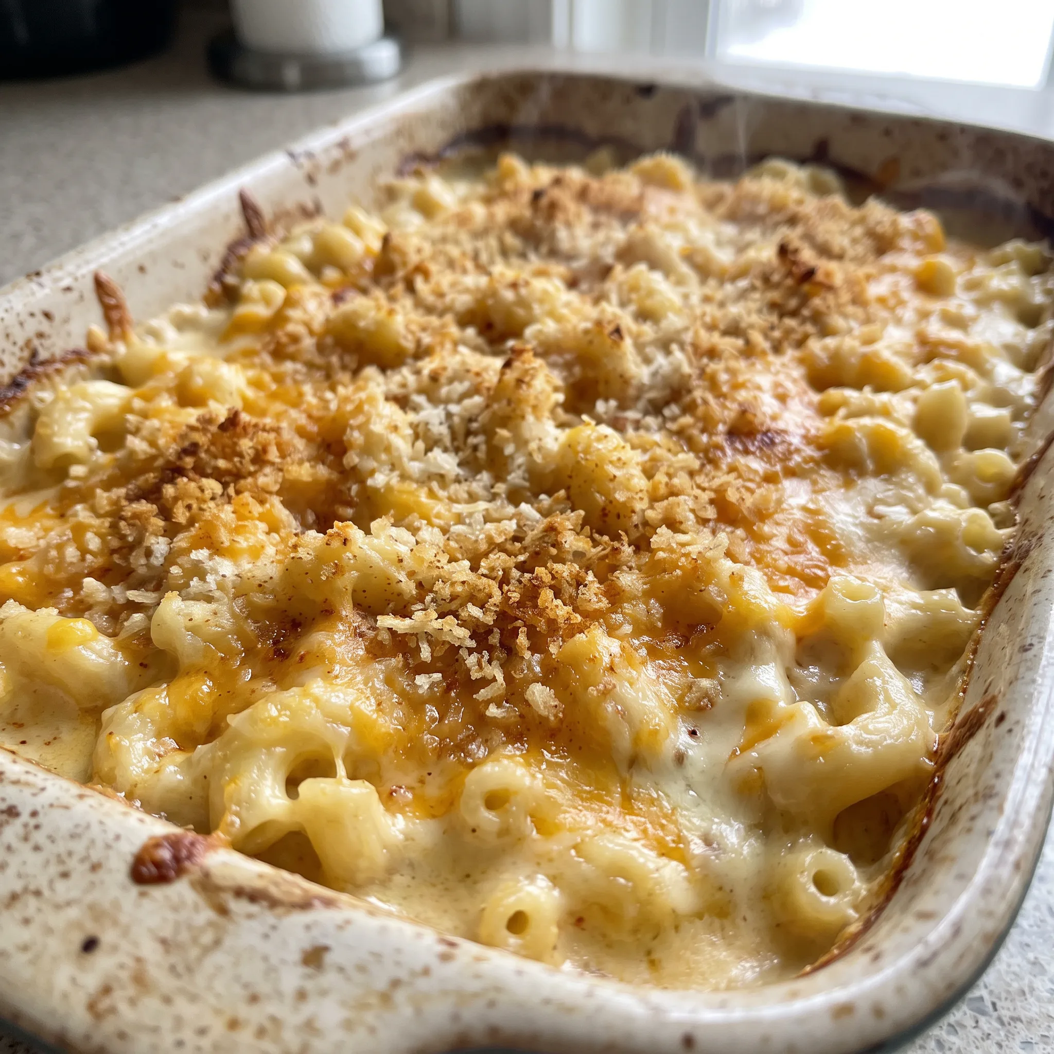 Baked macaroni and cheese with elbow macaroni in a creamy cheddar, mozzarella, and Parmesan sauce, topped with golden panko breadcrumbs.